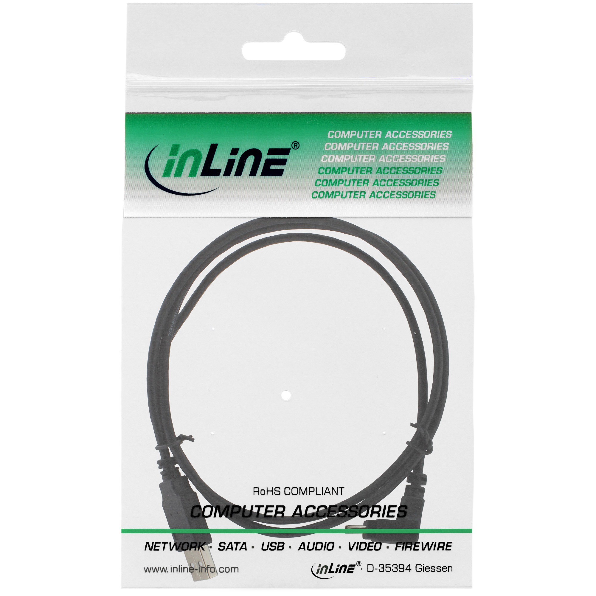 Inline® USB 2.0 Mini-Kabel, ST A/Mini-B ST 5pol, unten abgew. 90°, schwarz, 1m