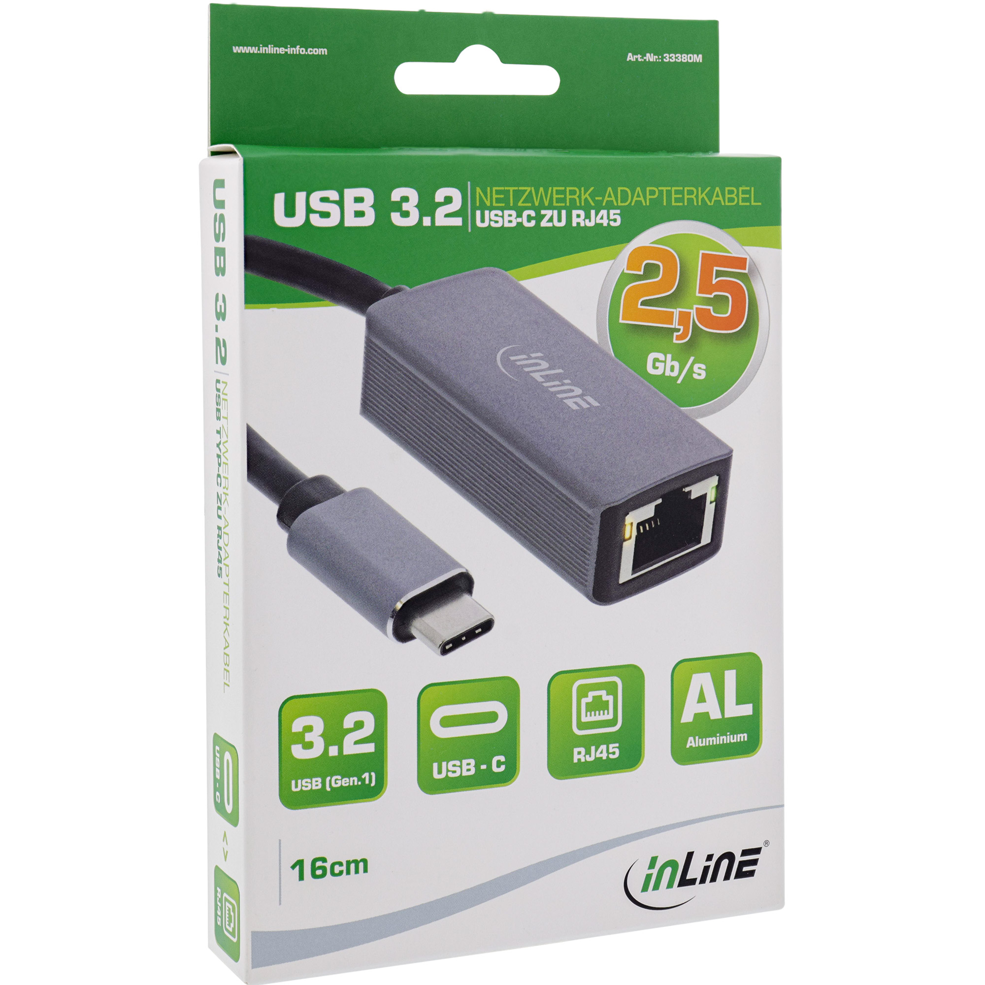 Inline® USB 3.2 Netzwerk-Adapterkabel, 2,5 Gb/s Gigabit Netzwerk, USB-C