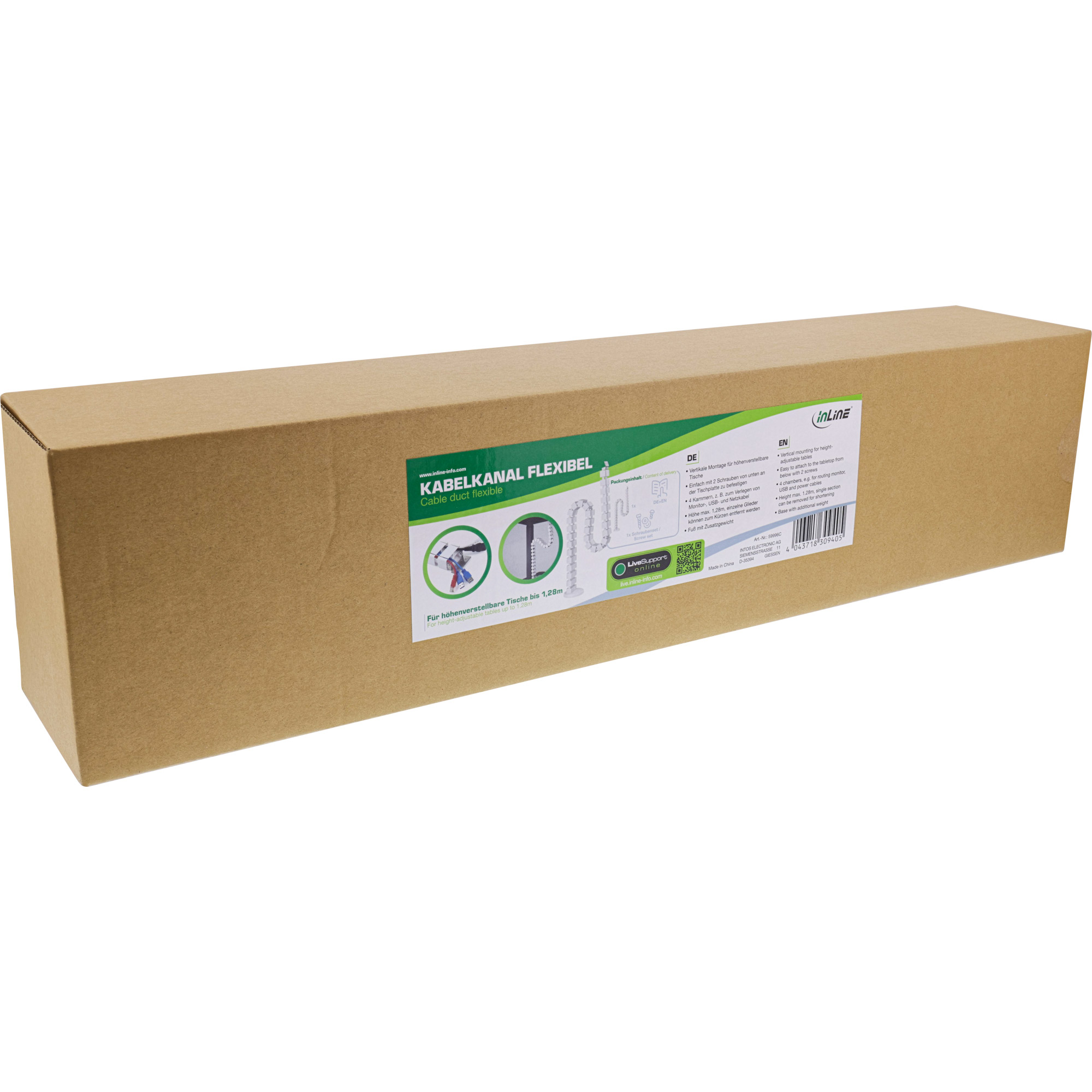 Inline® Kabelkanal flexibel für Höhenverstellbare Tische, 4 Kammern, weiß