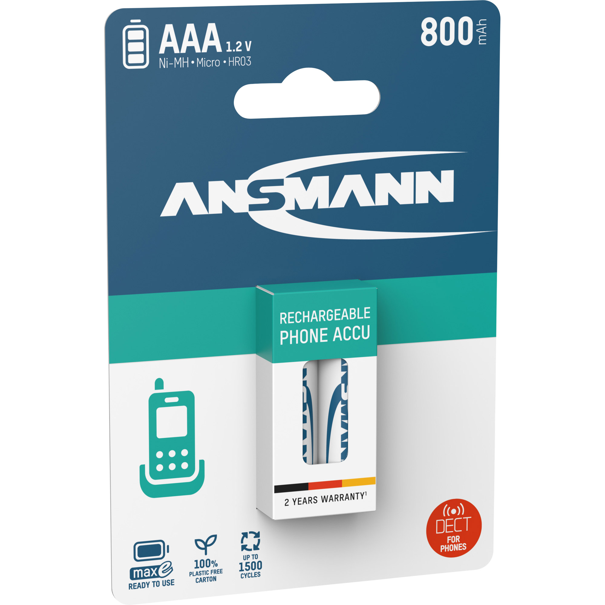 Ansmann NiMH AAA Micro 800mAh HR03 Akku für DECT Telefon - 2er Verpackung Ansmann NiMH AAA Micro 800mAh HR03 Akku für DECT Telefon - 2er Verpackung
