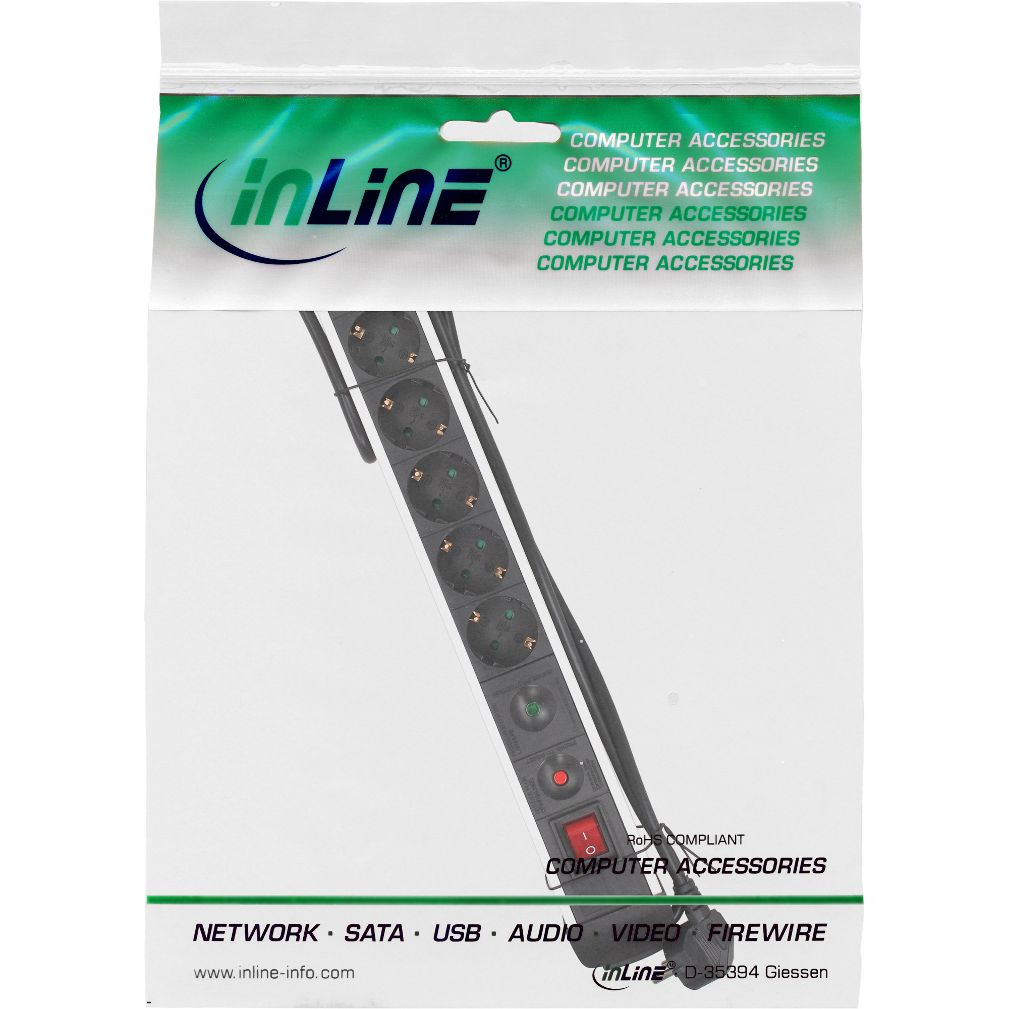 Inline® Steckdosenleiste Alu, 6-fach Schutzkontakt, mit Ü-Schutz, Schalter, 1,5m