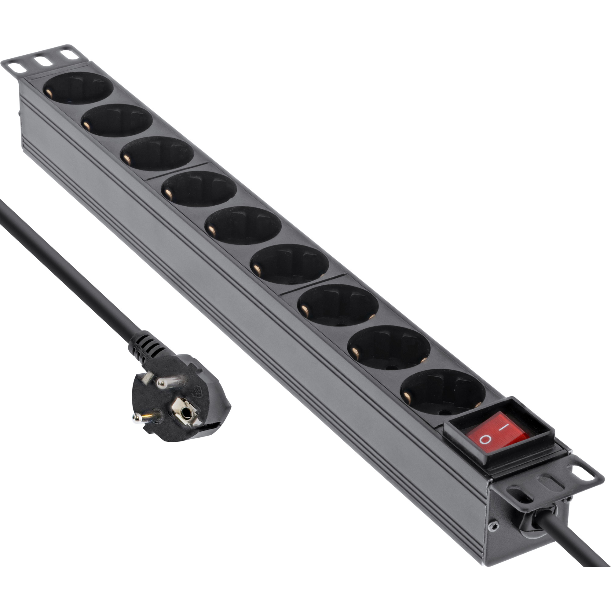 Inline® 19" Steckdosenleiste, 9-fach Schutzkontakt, mit Schalter, 2m, schwarz