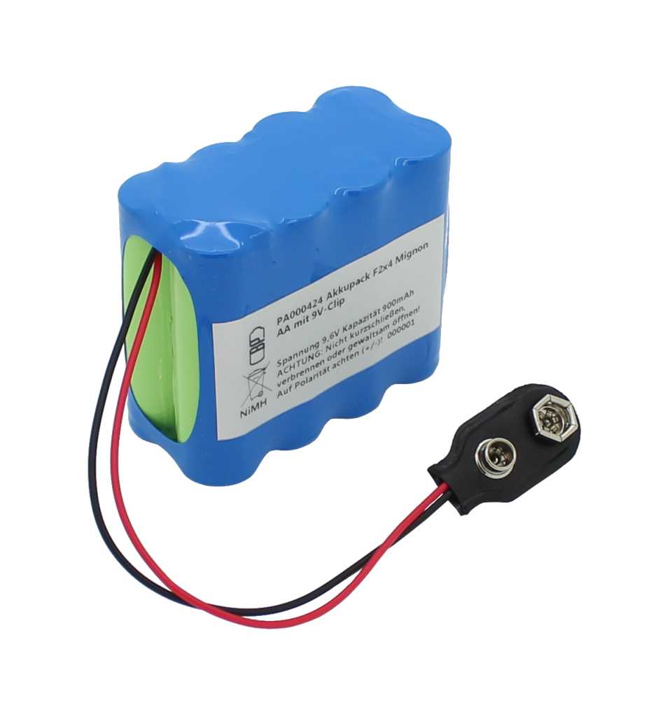 Akkupack NiMH 9,6V 900mAh F2x4 Mignon AA mit 9V-Clip passend für Dr. Lange Trübungsmessgerät