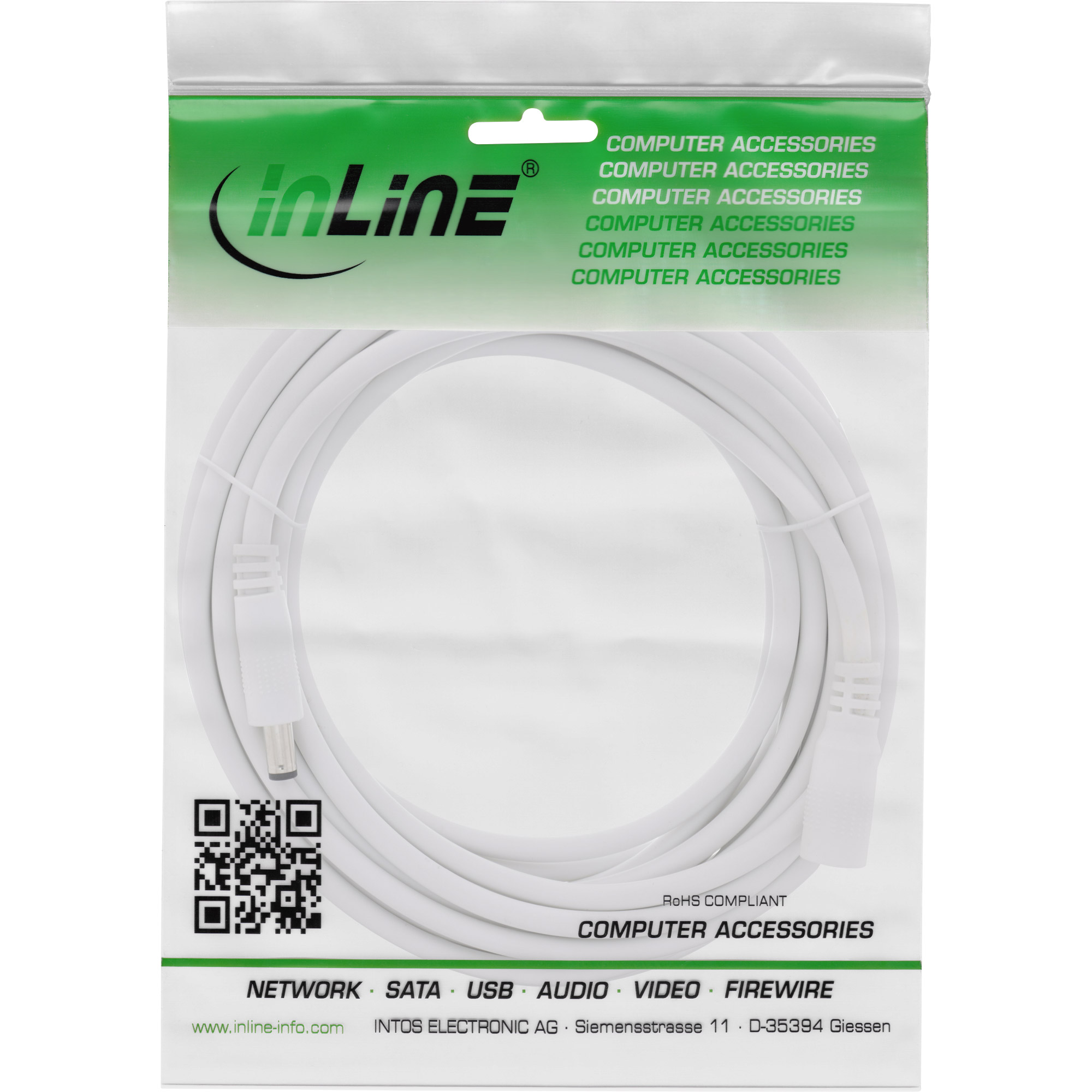 Inline® DC VerLängerungskabel, DC Stecker/Buchse 5,5x2,5mm, AWG 18, weiß, 3m