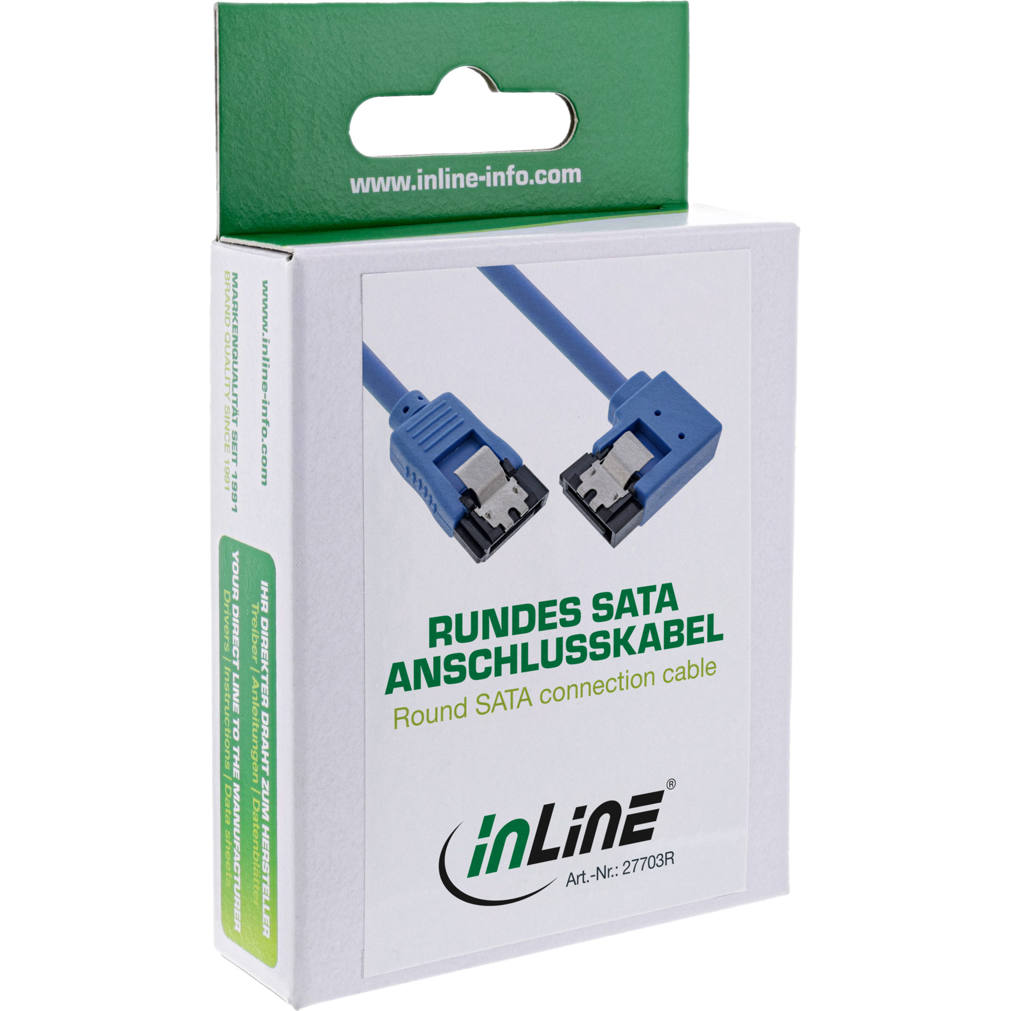 Inline® SATA 6Gb/s Anschlusskabel rund, abgew. rechts, blau, mit Lasche, 0,5m