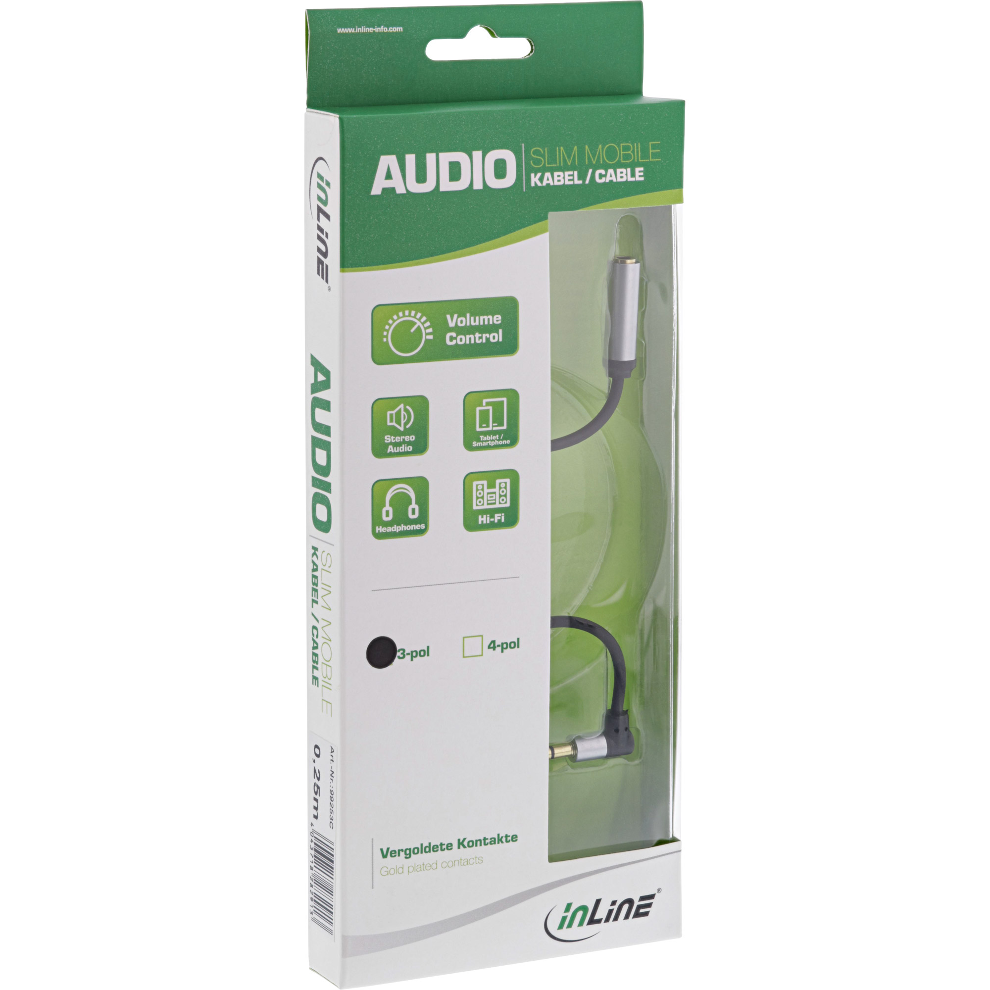 Inline® Slim Audio Kabel Klinke 3,5mm ST gewinkelt / BU, mit Lautstärkeregler