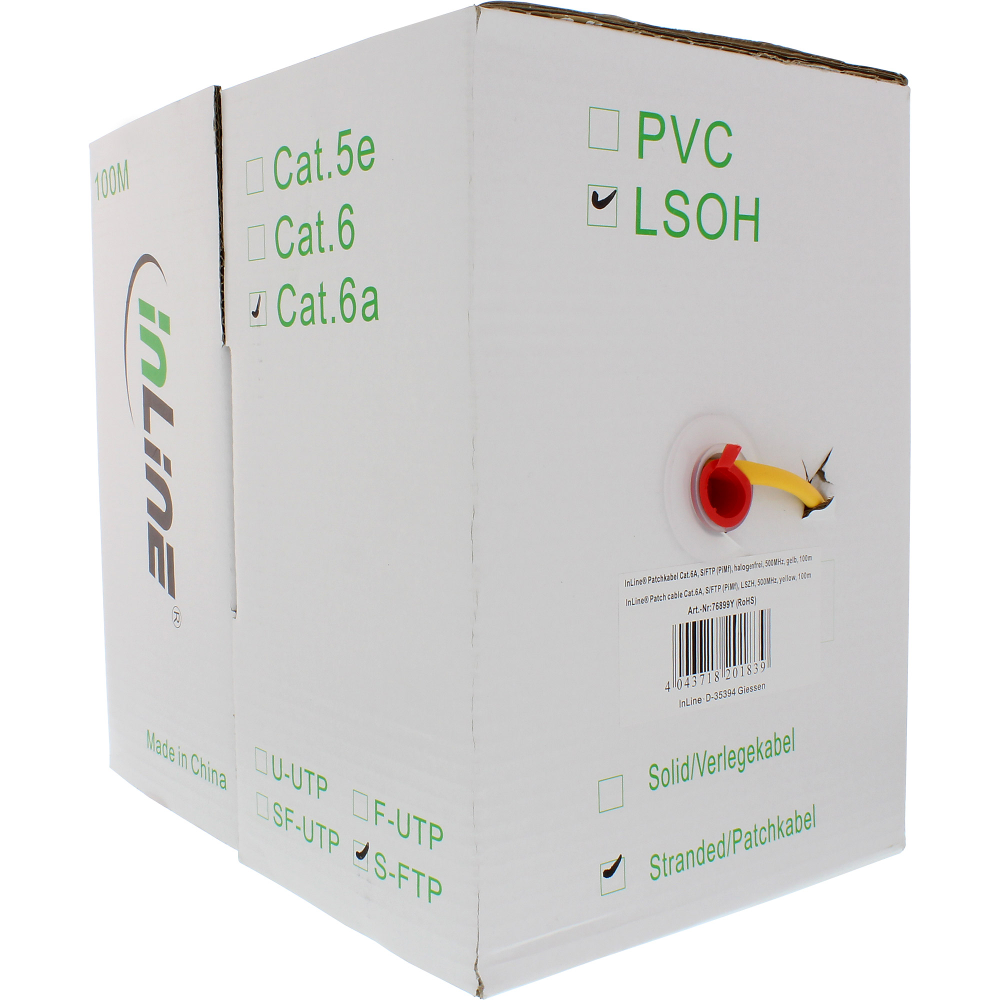 100m - Inline® Patchkab., S/FTP (PiMf), Cat.6A, 500MHz, halogenfrei, Kupfer, gelb