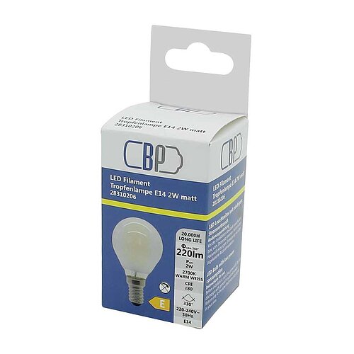 BP Filament LED Tropfenlampe E14 2W warm weiß matt