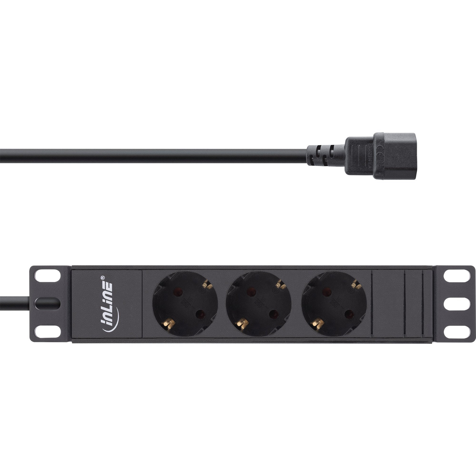 Inline® 10" Steckdosenleiste, 3-fach Schutzkontakt, C14 Anschluss, ohne Schalter