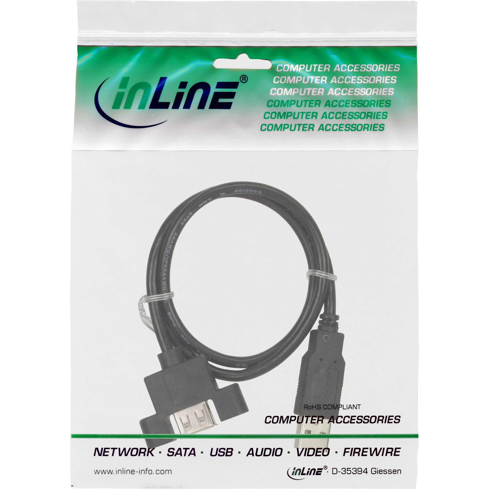 Inline® USB 2.0 Anschlusskabel, Stecker A auf Einbaubuchse A, 0,6m