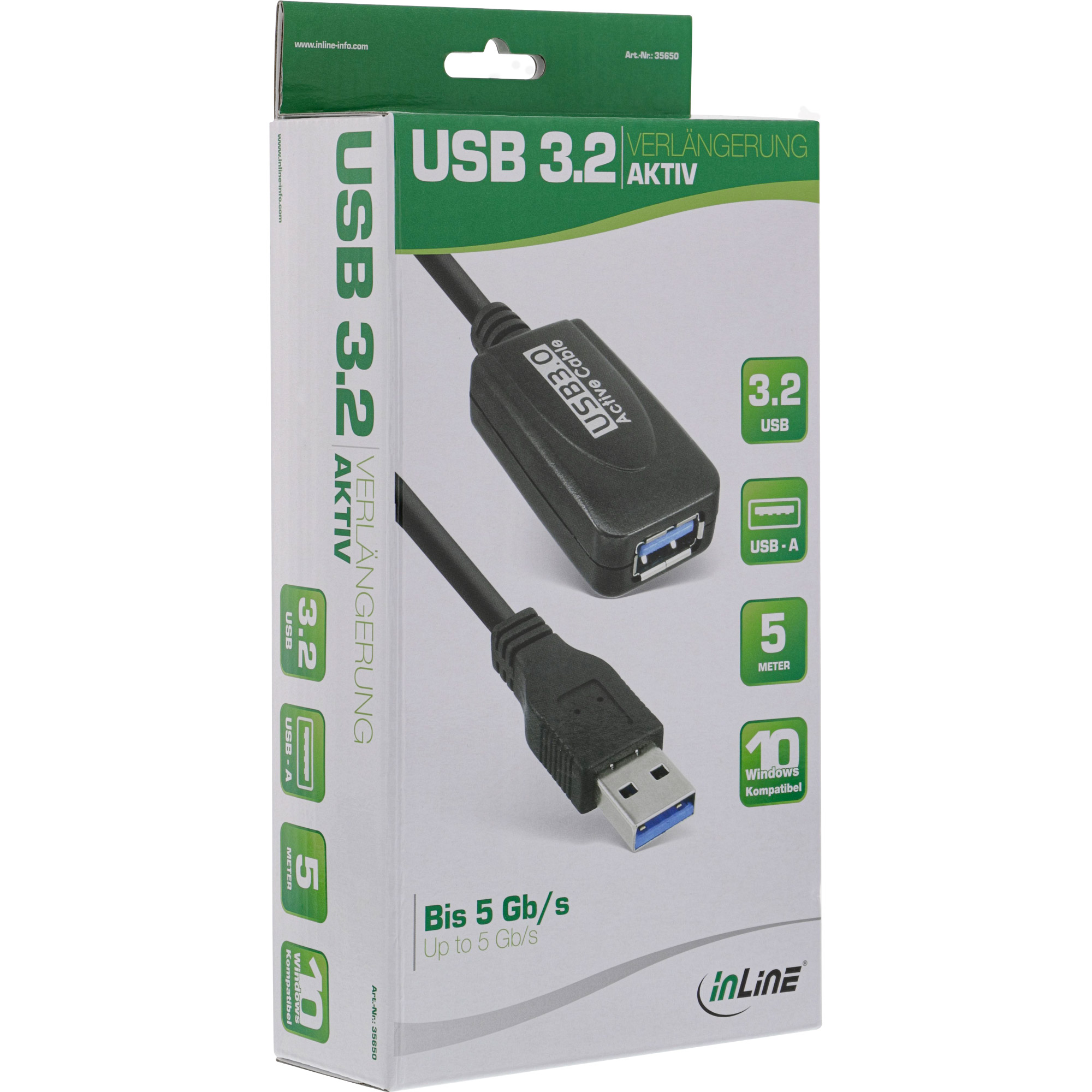 Inline® USB 3.2 Gen.1 Aktiv-VerLängerung, Stecker A an Buchse A, schwarz, 5m Inline® USB 3.2 Gen.1 Aktiv-VerLängerung, Stecker A an Buchse A, schwarz, 5m
