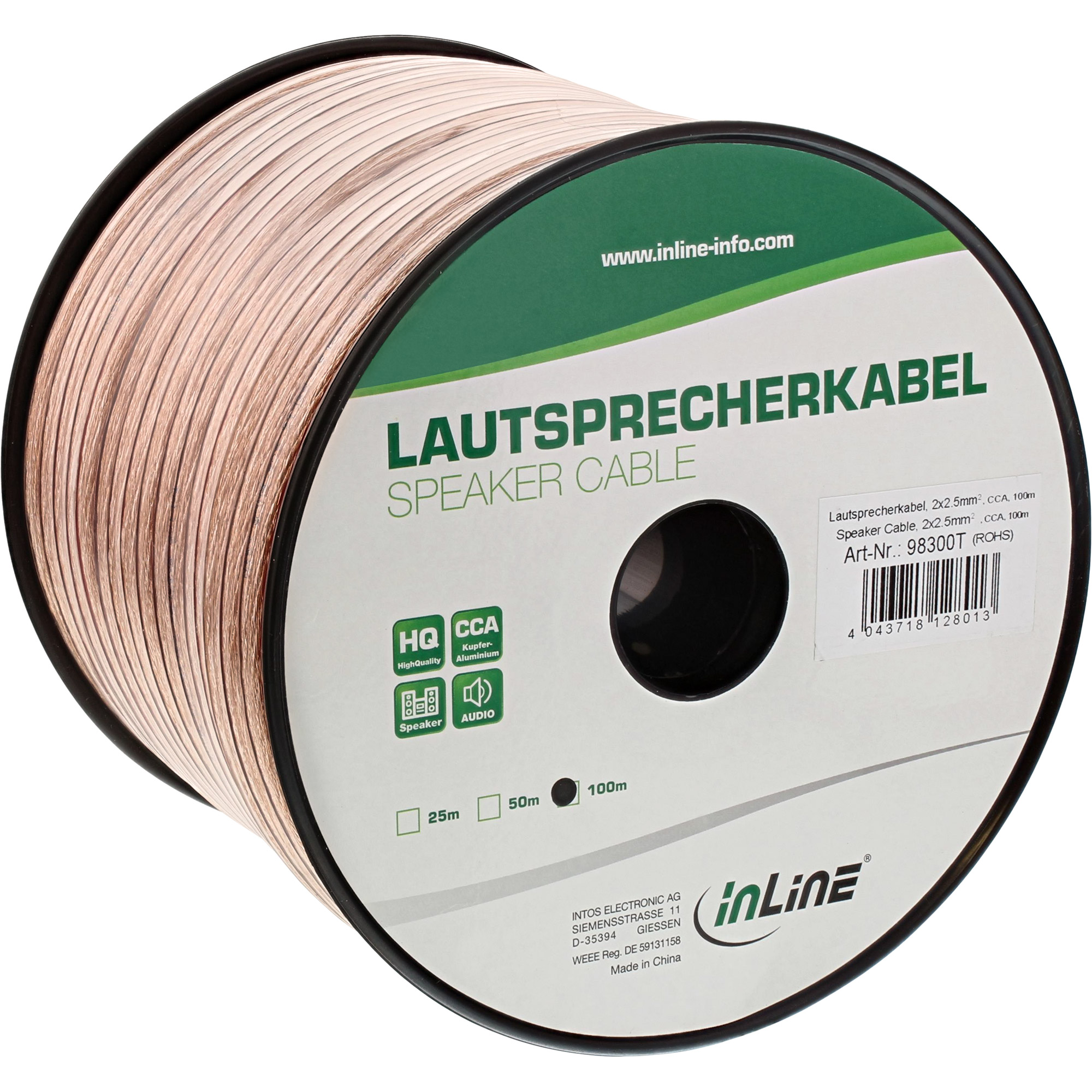 50m - Inline® Lautsprecherkabel, 2x 2,5mm², CCA, transparent