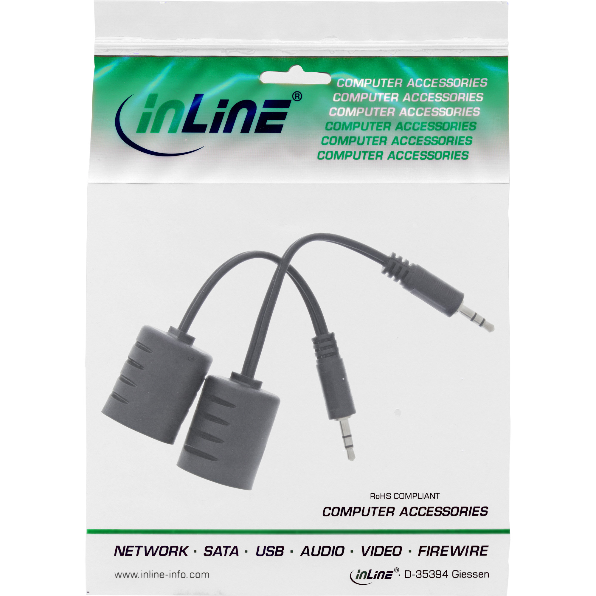 Inline® Audio über RJ45 passiv, 2x Klinke 3,5mm Stecker / RJ45 Buchse, max. 50m,
