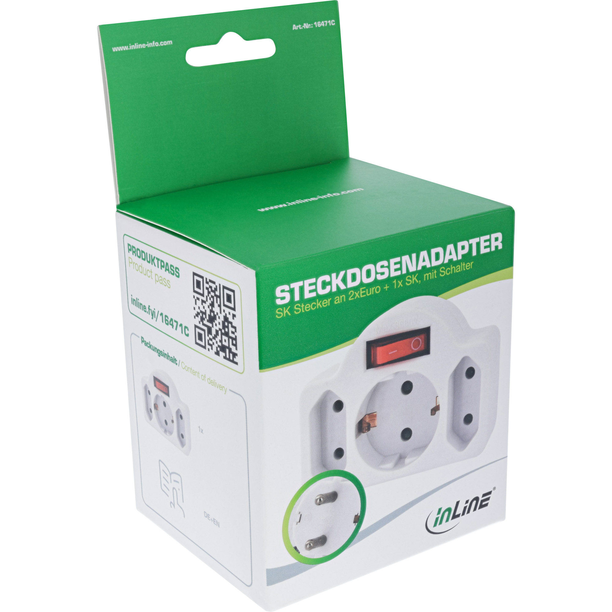 InLine® Steckdosenadapter, SK Stecker an 2xEuro+1x SK, mit Schalter, weiß InLine® Steckdosenadapter, SK Stecker an 2xEuro+1x SK, mit Schalter, weiß