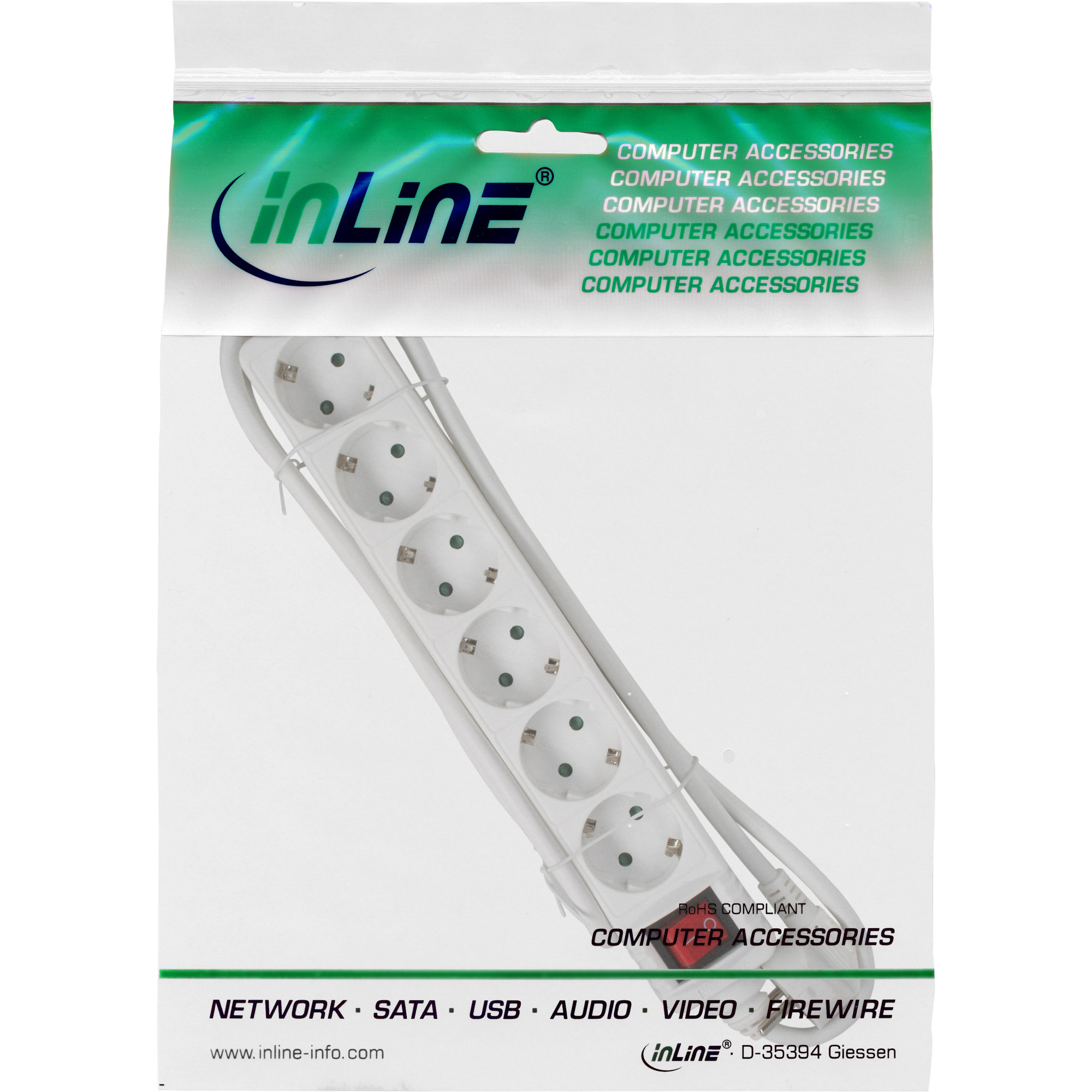 Inline® Steckdosenleiste, 6-fach Schutzkontakt, mit Schalter, weiß, 1,5m