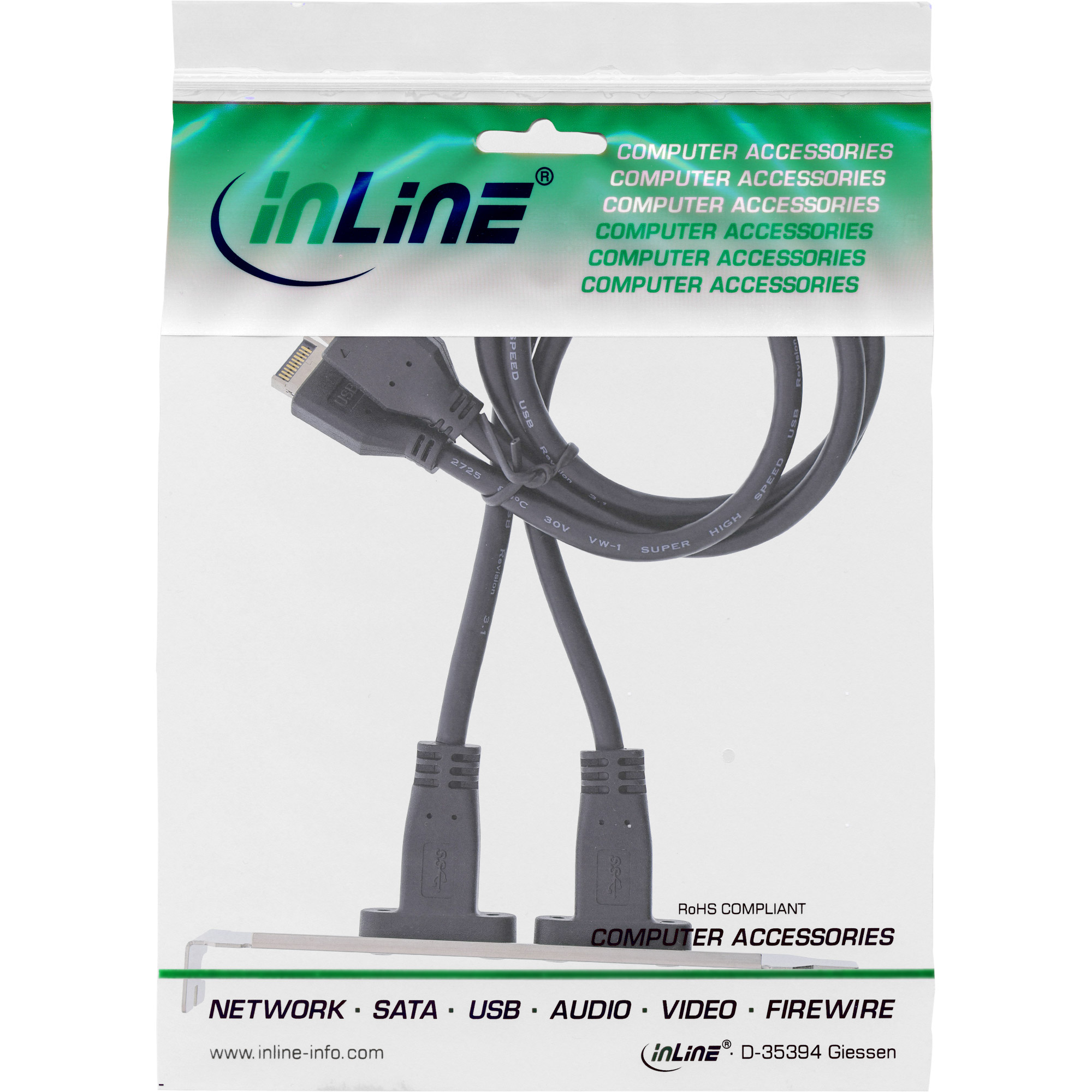 Inline® Slotblende 2x USB-C zu USB 3.2 Frontpanel Key-A intern, 0,5m