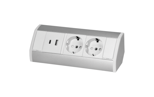 Steckdosenblock Aufbau, silber-weiß, 2-fach, 2x USB (Typ A+C), 3680W