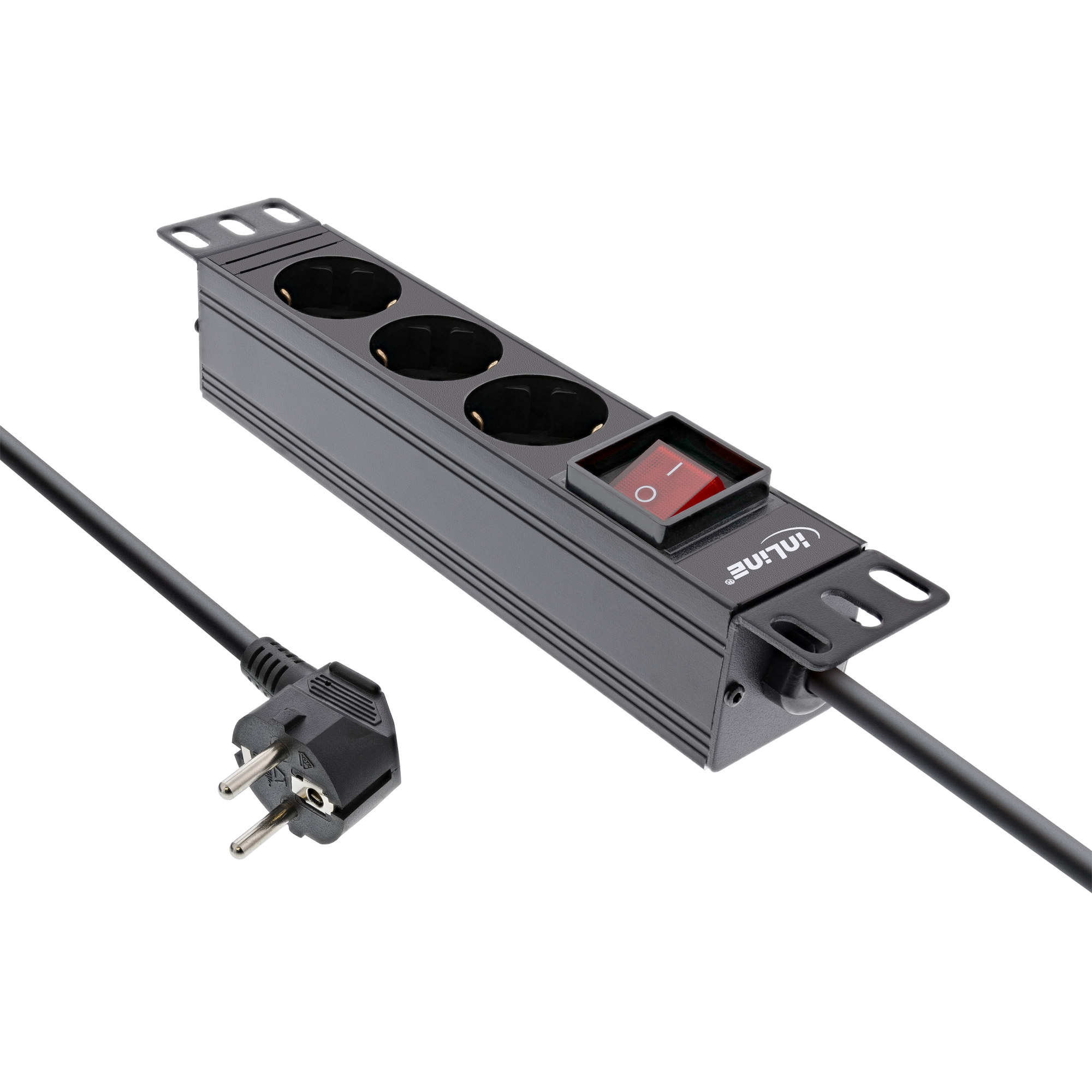 Inline® 10" Steckdosenleiste, 3-fach Schutzkontakt, mit Schalter, 2m, schwarz