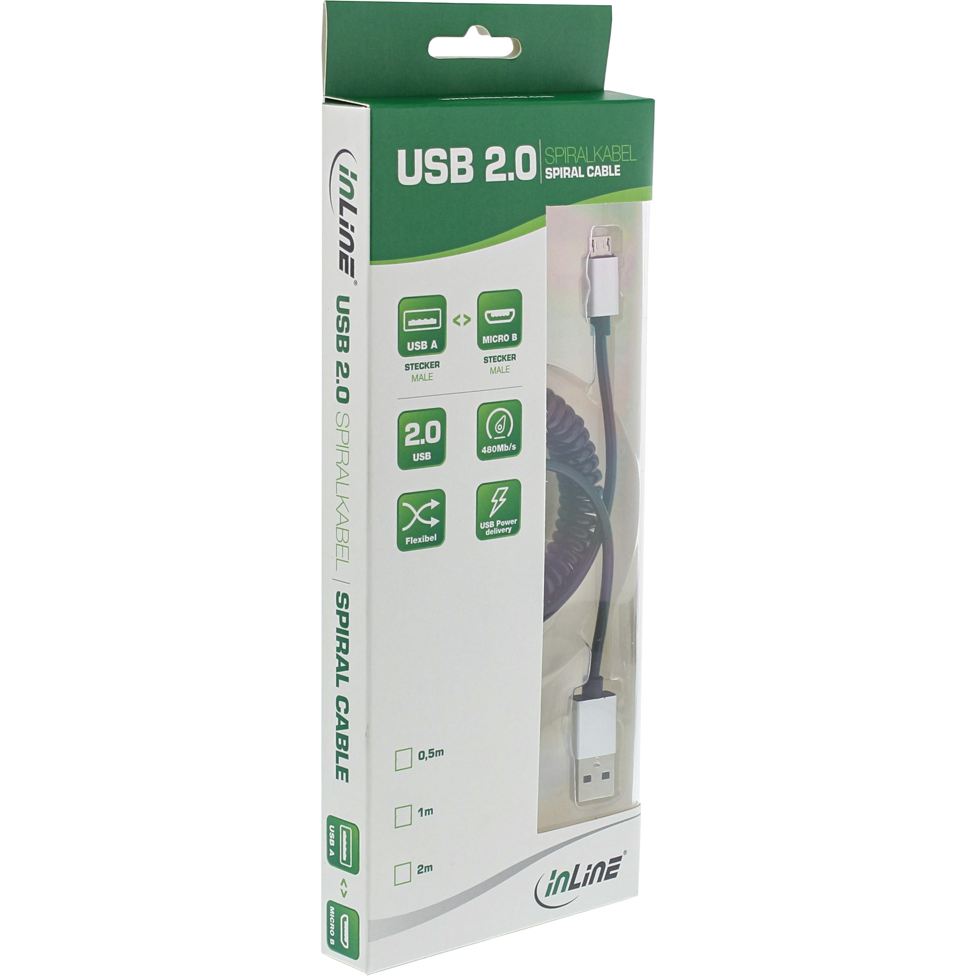Inline® Micro-USB 2.0 Spiralk., USB-A ST/Micro-B ST, schwarz/Alu, flexibel, 3m