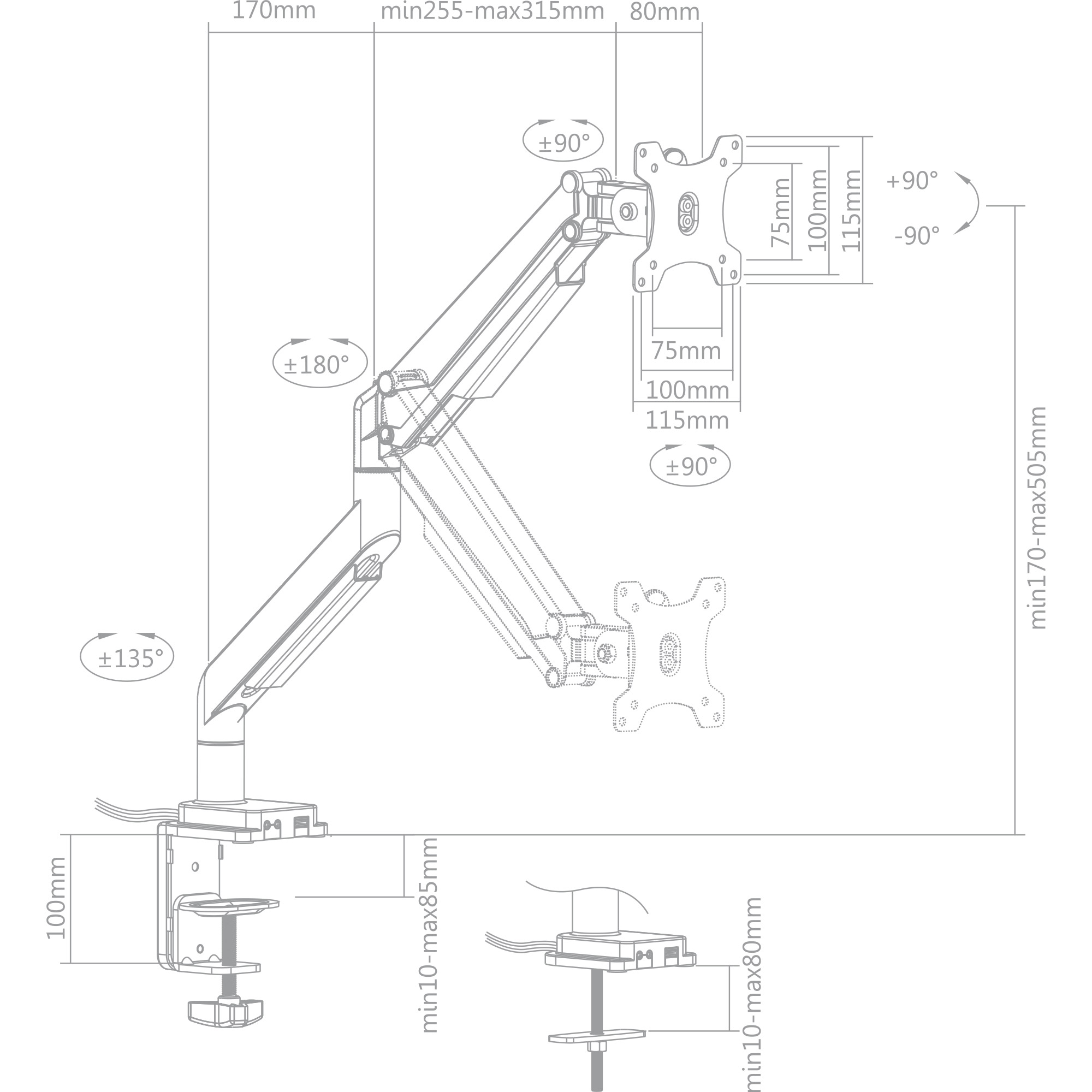 Inline® Tischhalterung mit Lifter und USB/Audio bis max. 82cm 32" 9kg