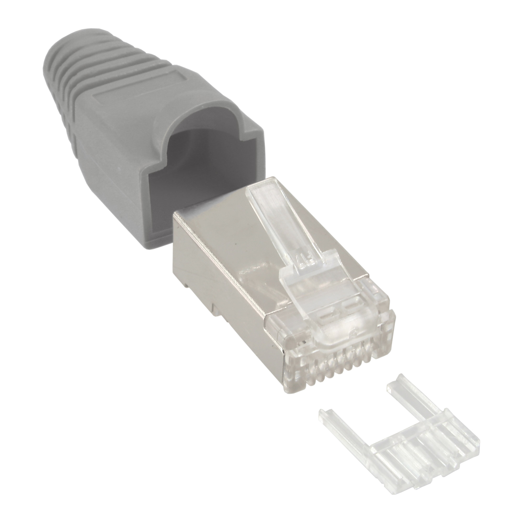10er Pack Inline® Crimpst. RJ45 gesch., mit Knickschutz & Einfädelhilfe, grau 10er Pack Inline® Crimpst. RJ45 gesch., mit Knickschutz & Einfädelhilfe, grau