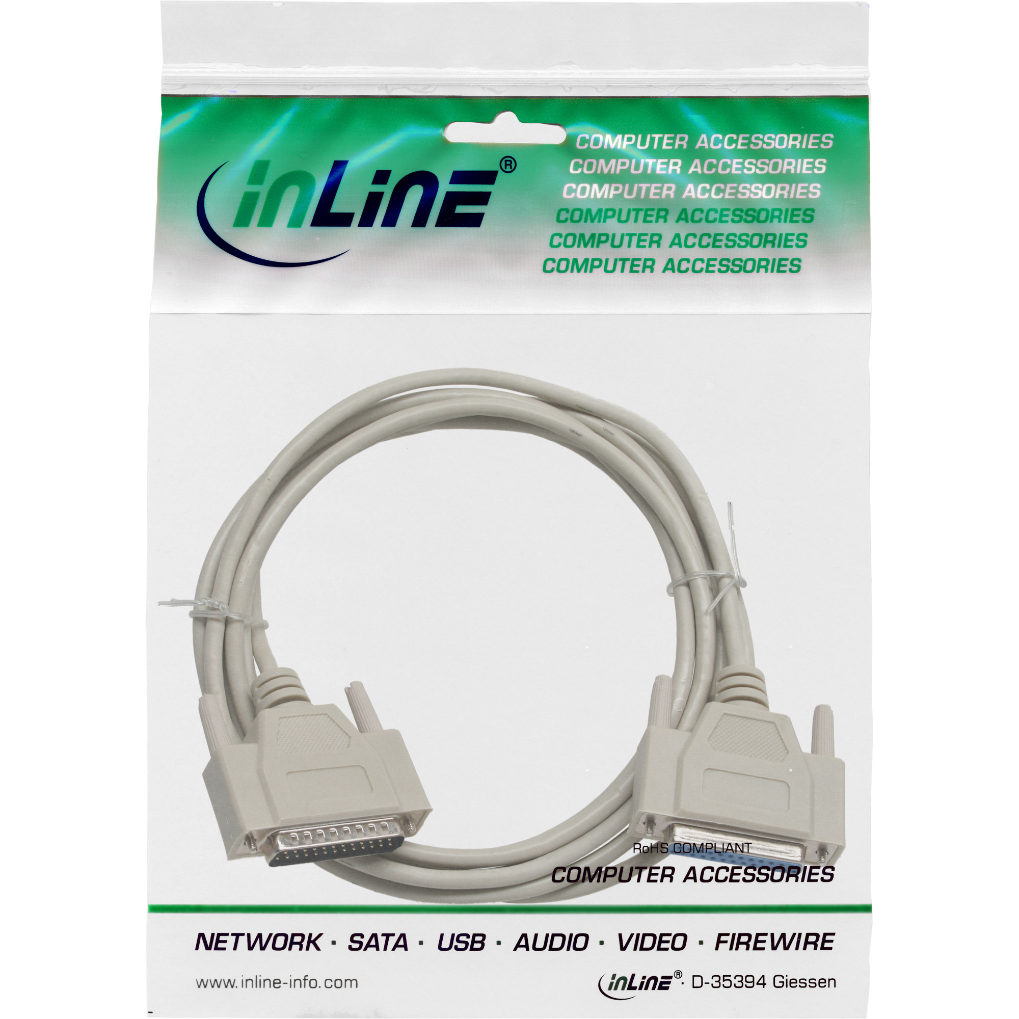 Inline® Serielle VerLängerung, 25pol Stecker / Buchse, vergossen, 1:1, 1,8m Inline® Serielle VerLängerung, 25pol Stecker / Buchse, vergossen, 1:1, 1,8m