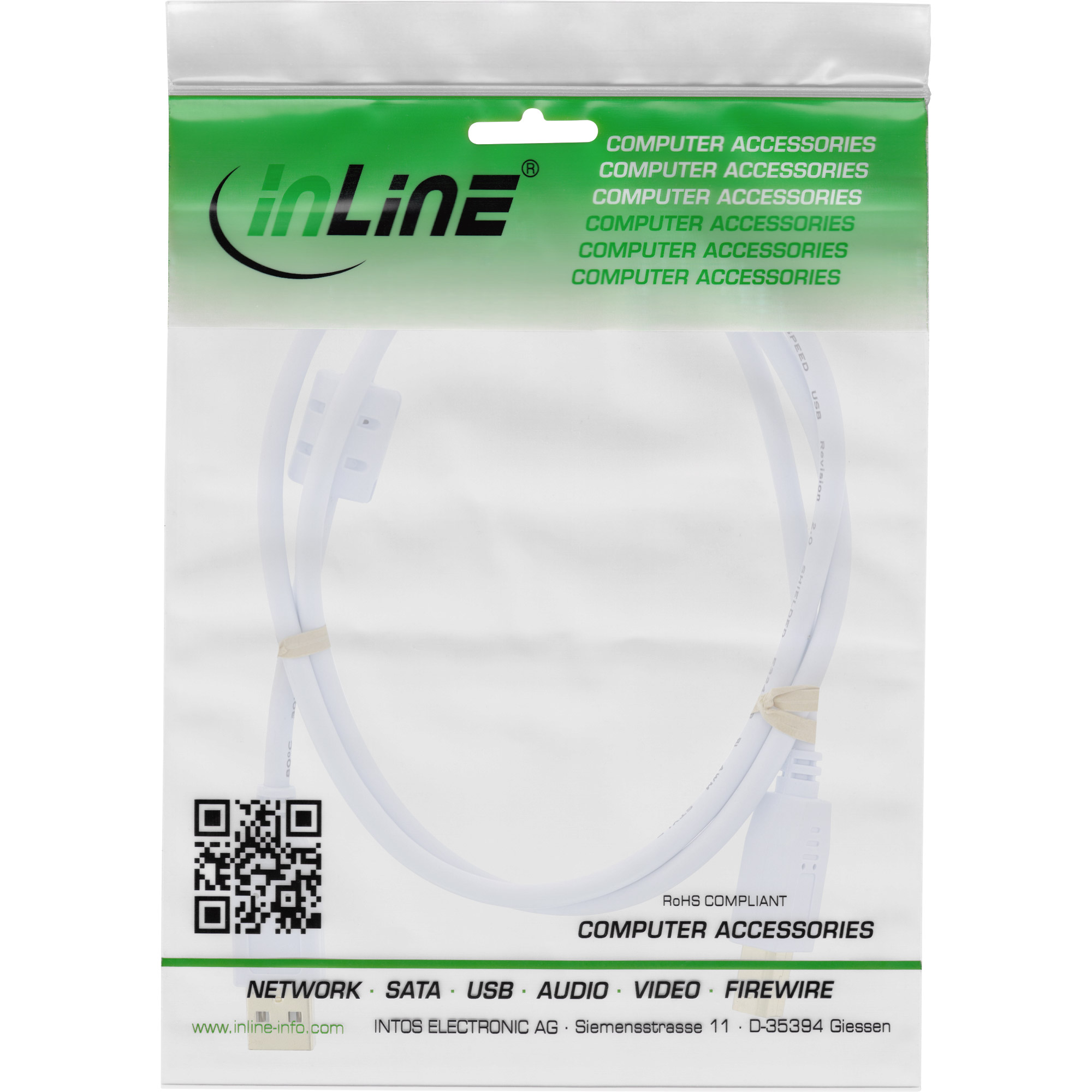 Inline® USB 2.0 Kabel, A an B, weiß / gold, mit Ferritkern, 1,5m