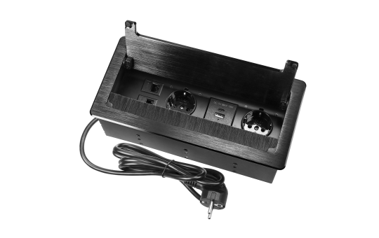 Tisch-Einbausteckdose, 2-fach, 2x USB, 2xRJ45, schwarz, mit Staubschutz, 3600W Tisch-Einbausteckdose, 2-fach, 2x USB, 2xRJ45, schwarz, mit Staubschutz, 3600W
