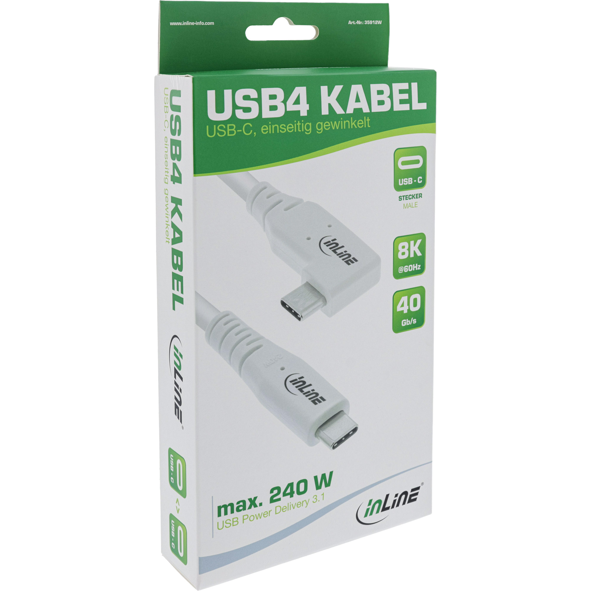 Inline® USB4 Kabel, USB-C, einseitig gewinkelt, PD 240W, 8K60Hz, TPE, weiß, 1m