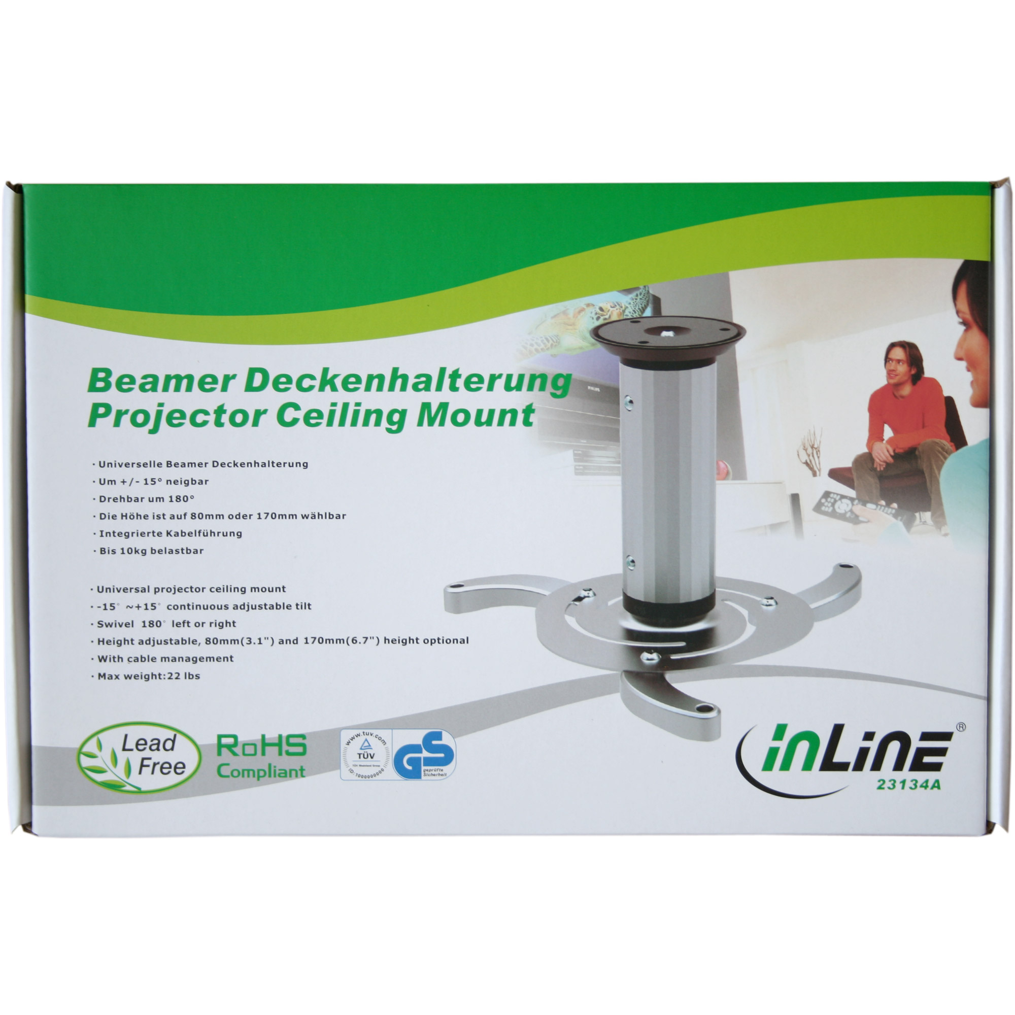 Inline® Deckenhalterung für Beamer, Höhe 130/200mm, max. 10kg