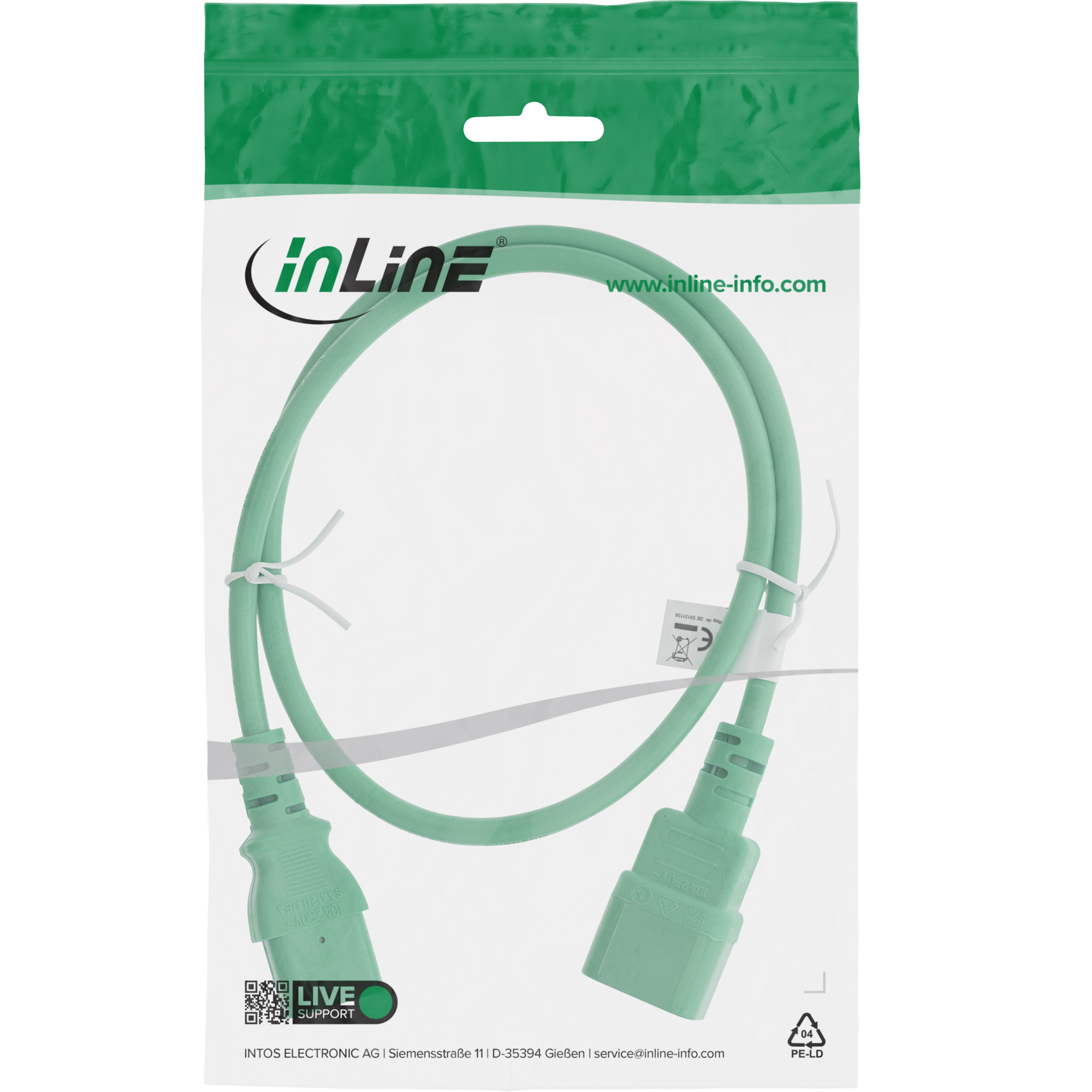 Inline® KaltgeräteverLängerung, C13 auf C14, grün, 0,75m
