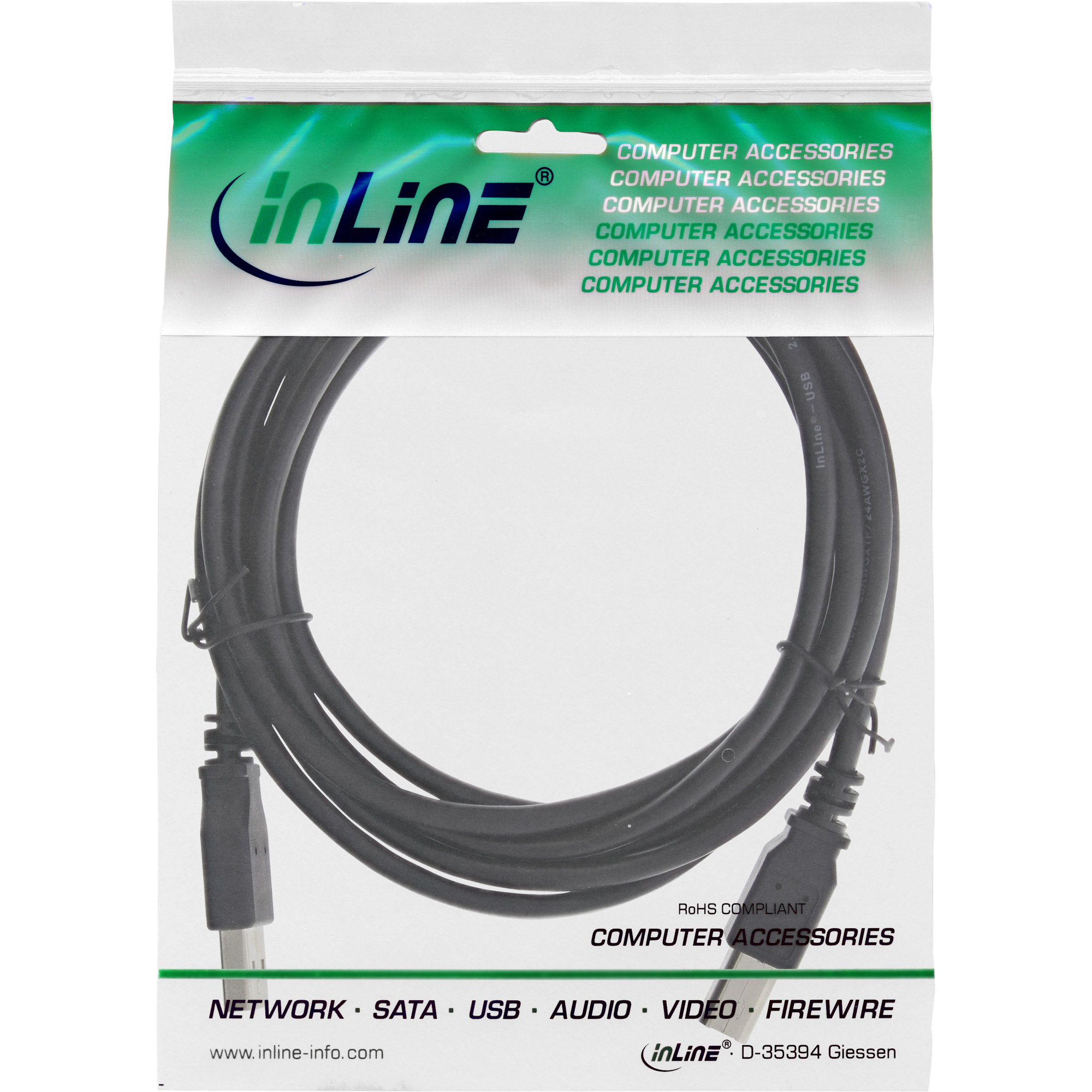 Inline® USB 2.0 Kabel, A an B, schwarz, 1m
