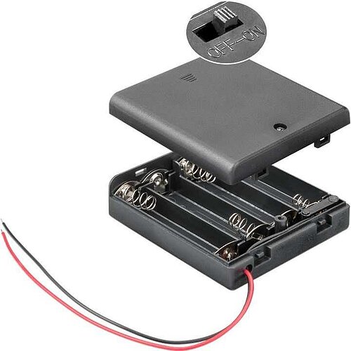 Batteriehalter für 4x Mignon mit Deckel und Schalter lose Kabelenden, wasserabweisend Batteriehalter für 4x Mignon mit Deckel und Schalter lose Kabelenden, wasserabweisend