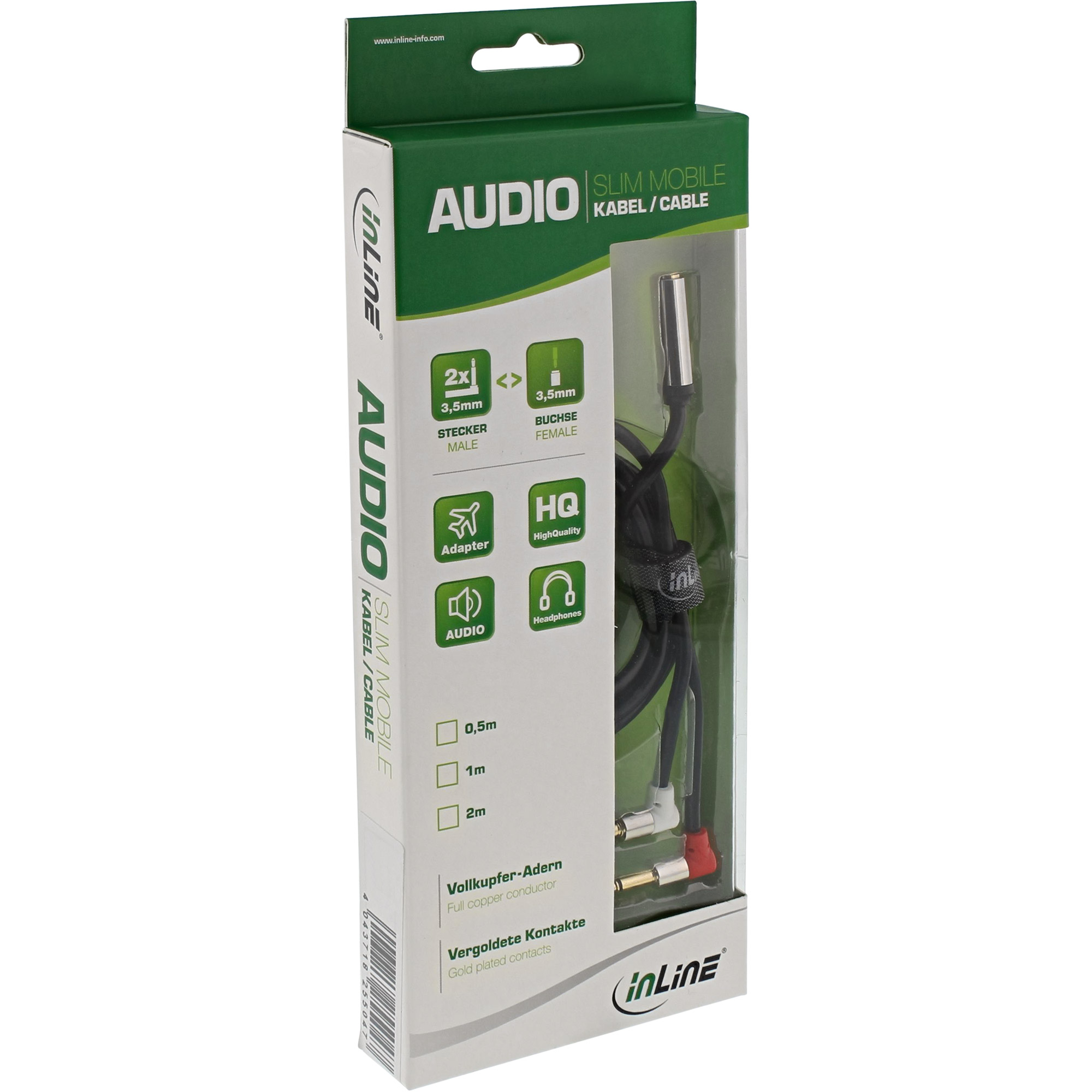 0.15m - Inline® Slim Audio Kopfh. Flugz.-Adapterkab., 2x3,5mm ST / 3,5mm BU 3pol.