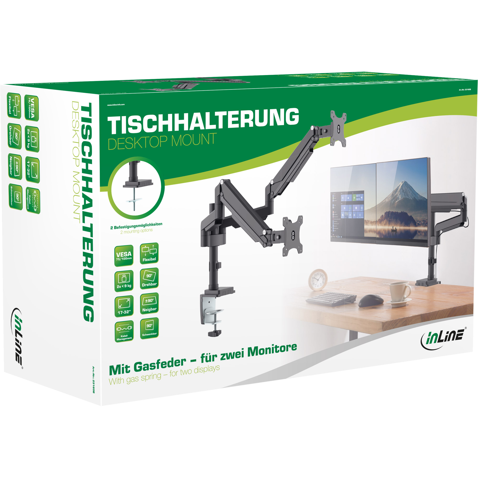 Inline® Tischhalterung mit Lifter, für zwei Monitore bis 82cm (32"), 9kg