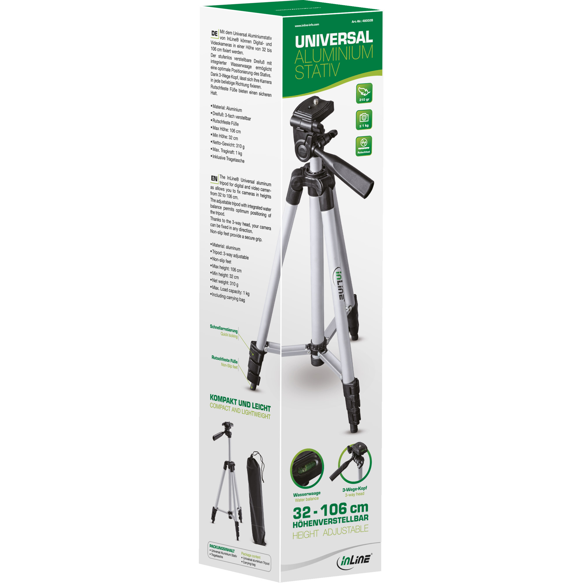 Inline® Stativ für Digitalkameras und Videokameras, Aluminium, Höhe max. 1,06m