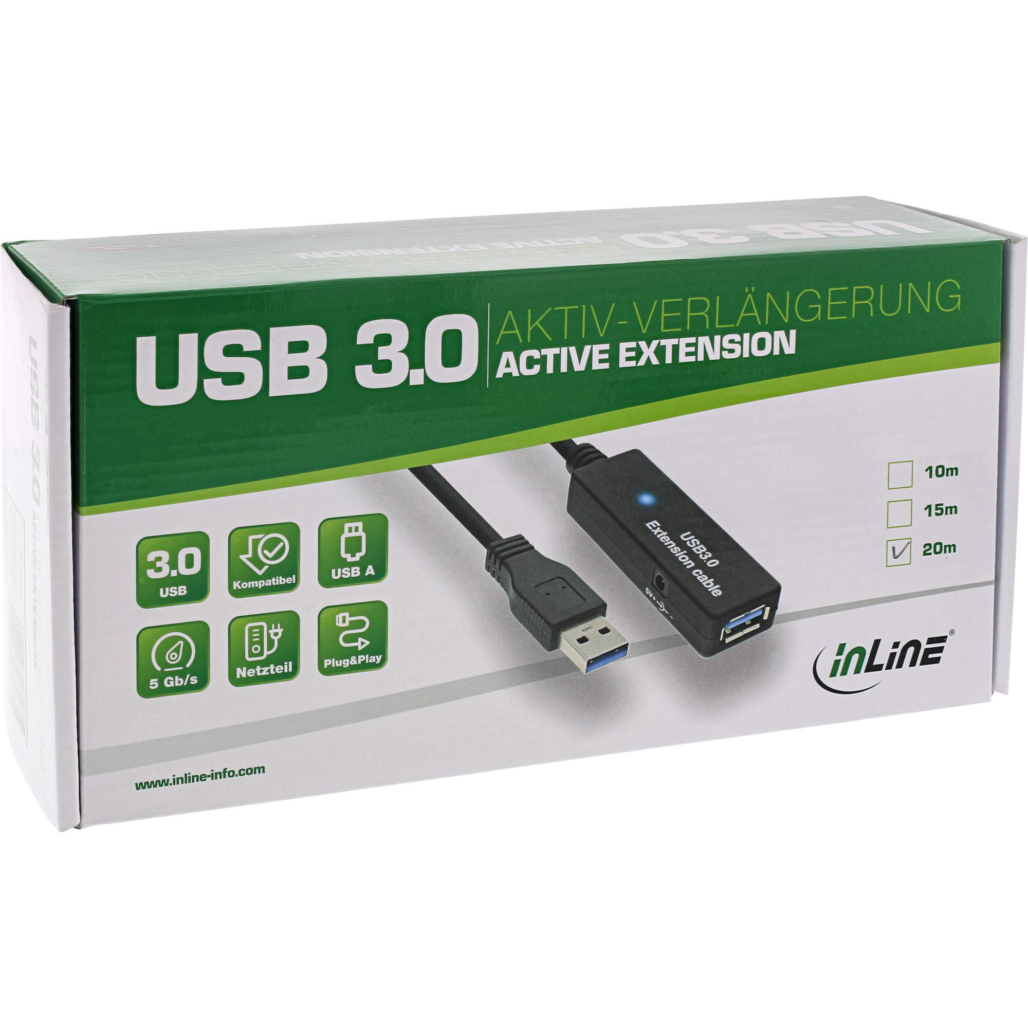 Inline® USB 3.2 Gen.1 Aktiv-VerLängerung, Stecker A an Buchse A, schwarz, 20m Inline® USB 3.2 Gen.1 Aktiv-VerLängerung, Stecker A an Buchse A, schwarz, 20m