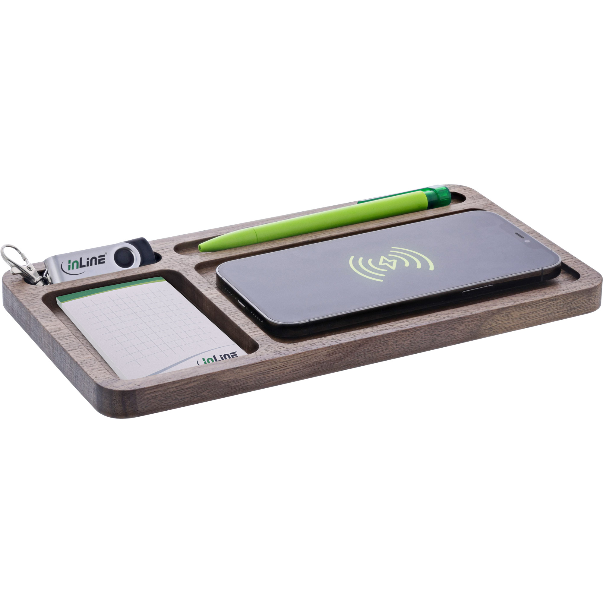 InLine® WoodCharge Organizer mit integrierter Qi-Ladefläche aus Walnuß-Holz