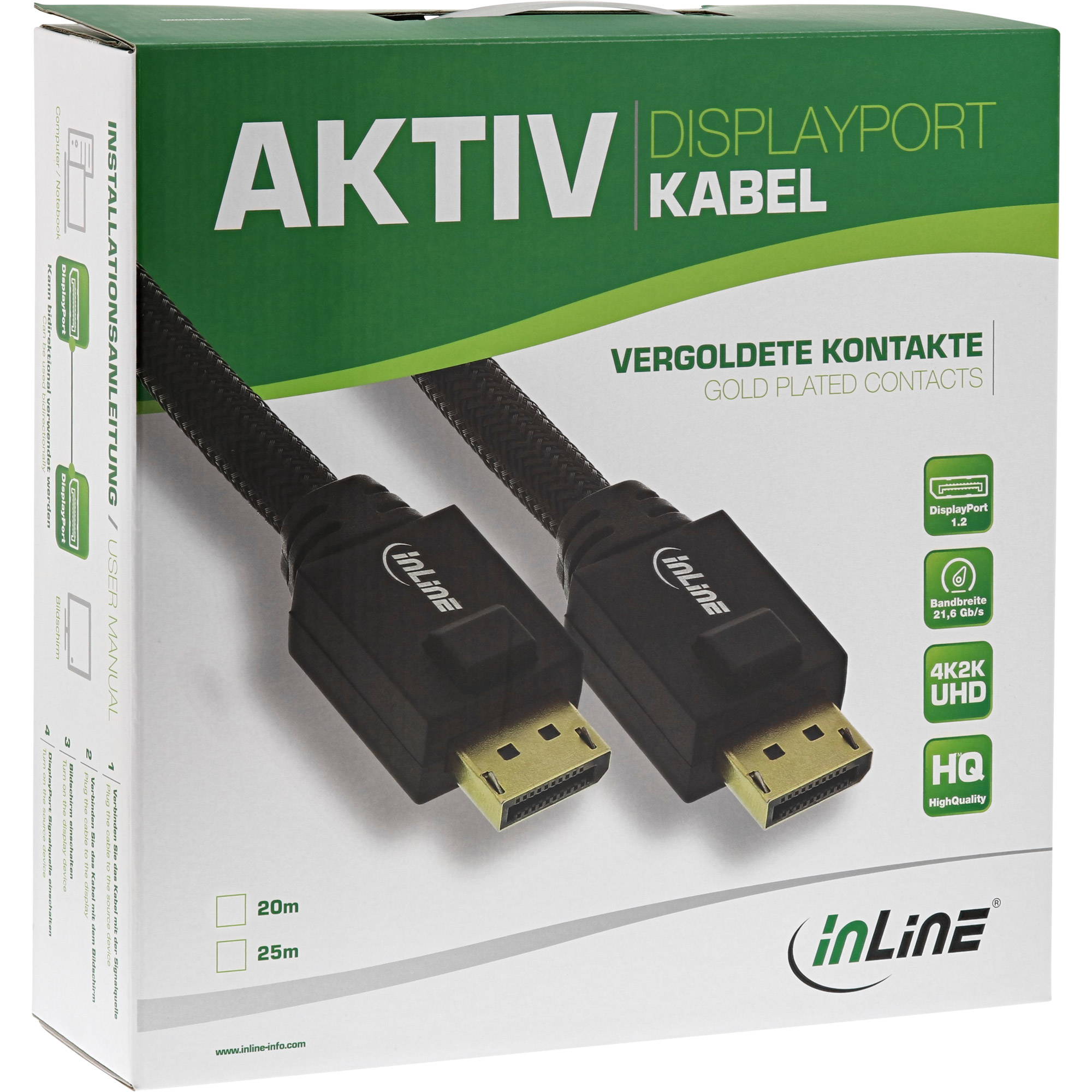 Inline® DisplayPort Aktiv-Kabel, 4K2K, schwarz, vergoldete Kontakte, 25m