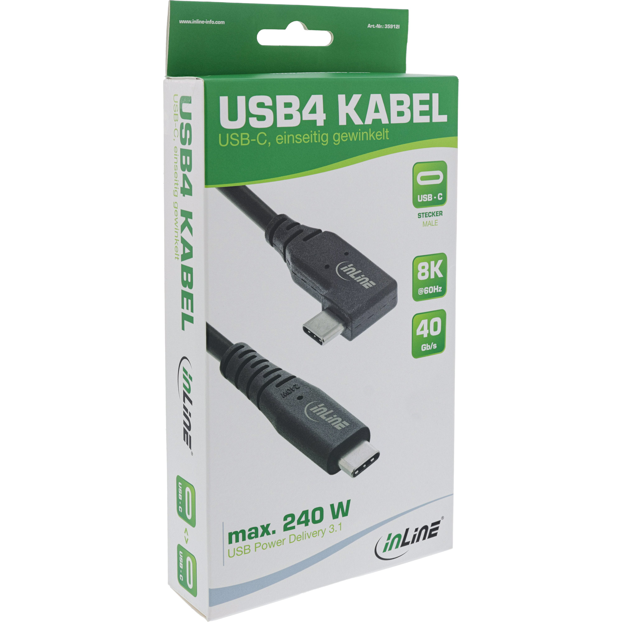 Inline® USB4 Kabel, USB-C einseitig gewinkelt, PD 240W 8K60Hz, TPE schwarz, 1,5m