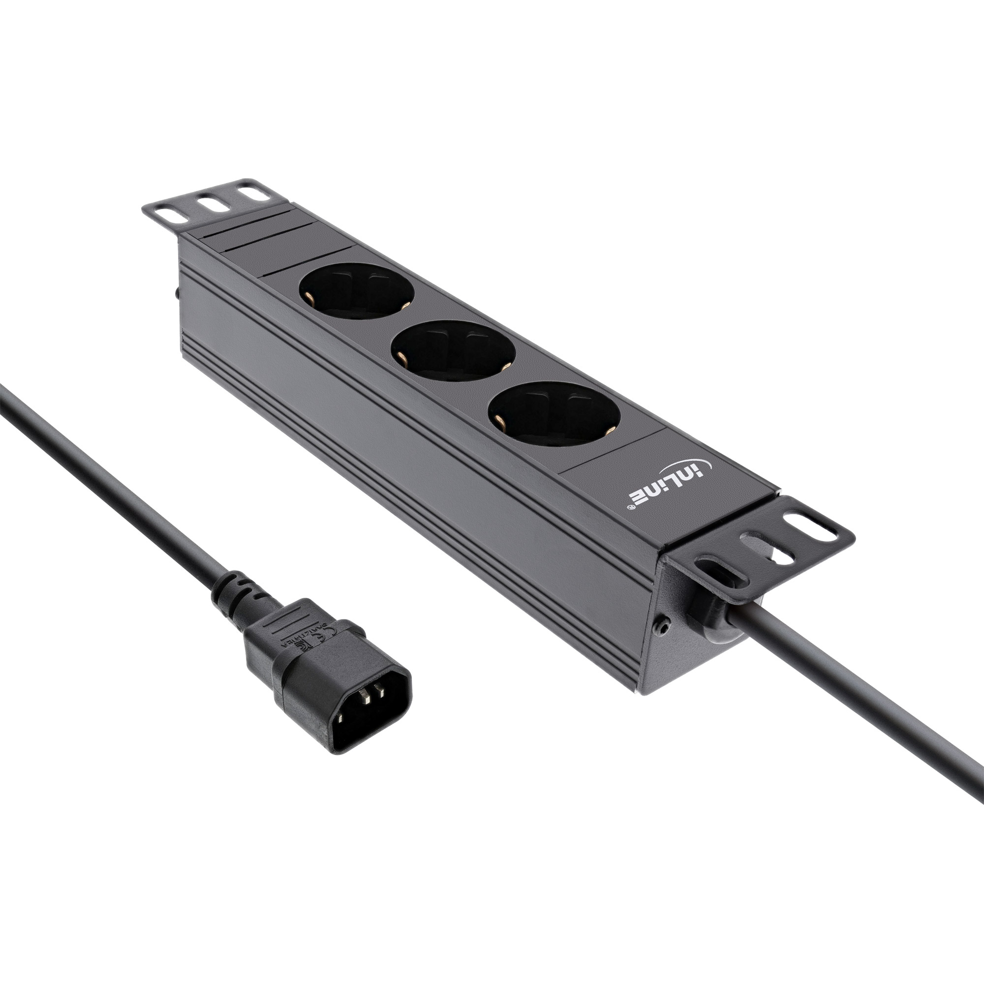 Inline® 10" Steckdosenleiste, 3-fach Schutzkontakt, C14 Anschluss, ohne Schalter
