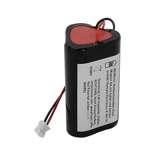 Notleuchtenakku NiMH 3,6V 1500mAh D1x3 Mignon AA mit 100mm Kabel und Stecker ersetzt Olympia Electronics A-965/HT