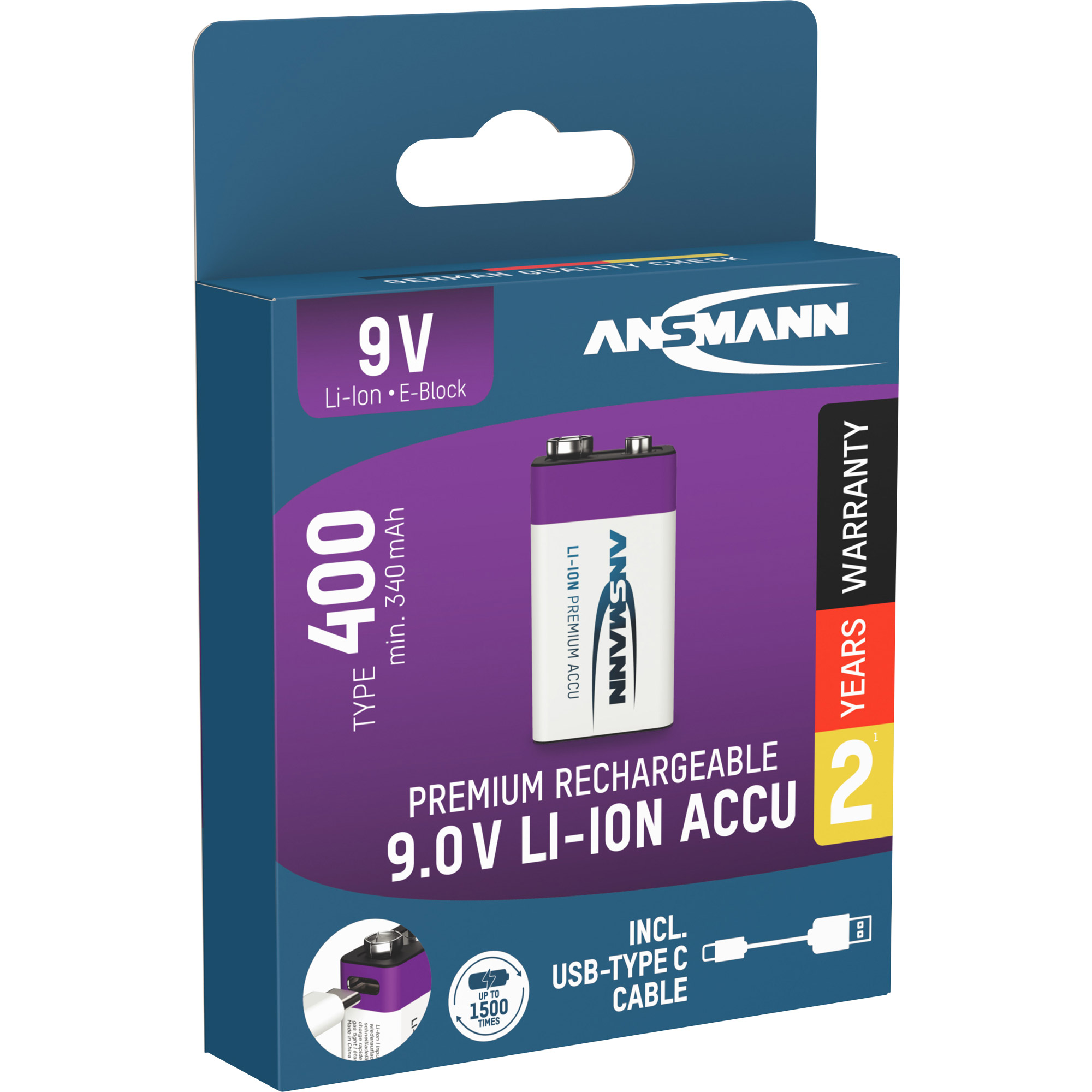 Ansmann NiMH 9V Block 400mAh HR6F22 Li-Ion Akku - 1er Verpackung Ansmann NiMH 9V Block 400mAh HR6F22 Li-Ion Akku - 1er Verpackung