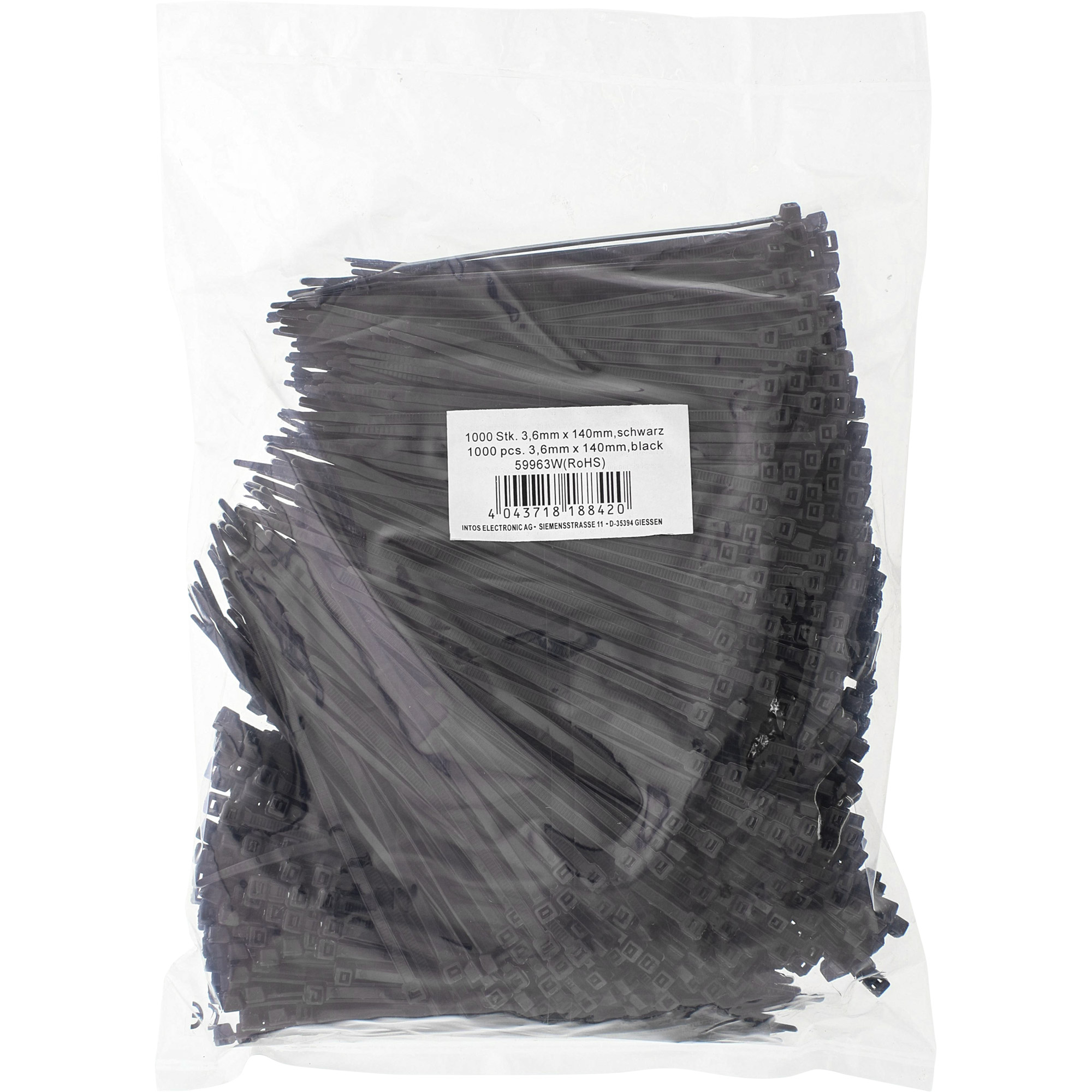 Inline® Kabelbinder, Länge 140mm, Breite 3,6mm, schwarz, 1000 Stück, bulk