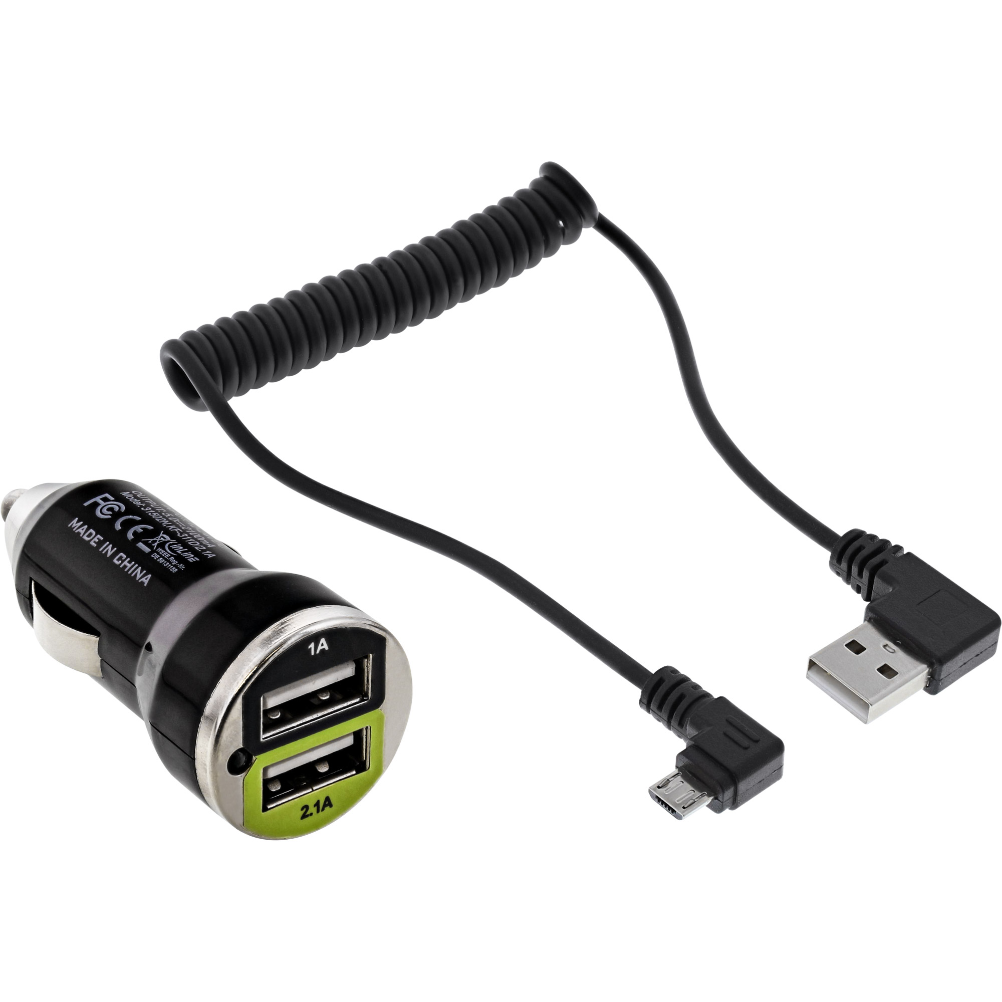 Inline® USB DUAL+ KFZ-Ladeset, Stromadapter 1m Kabel, 12/24VDC zu 5V DC/2.1A