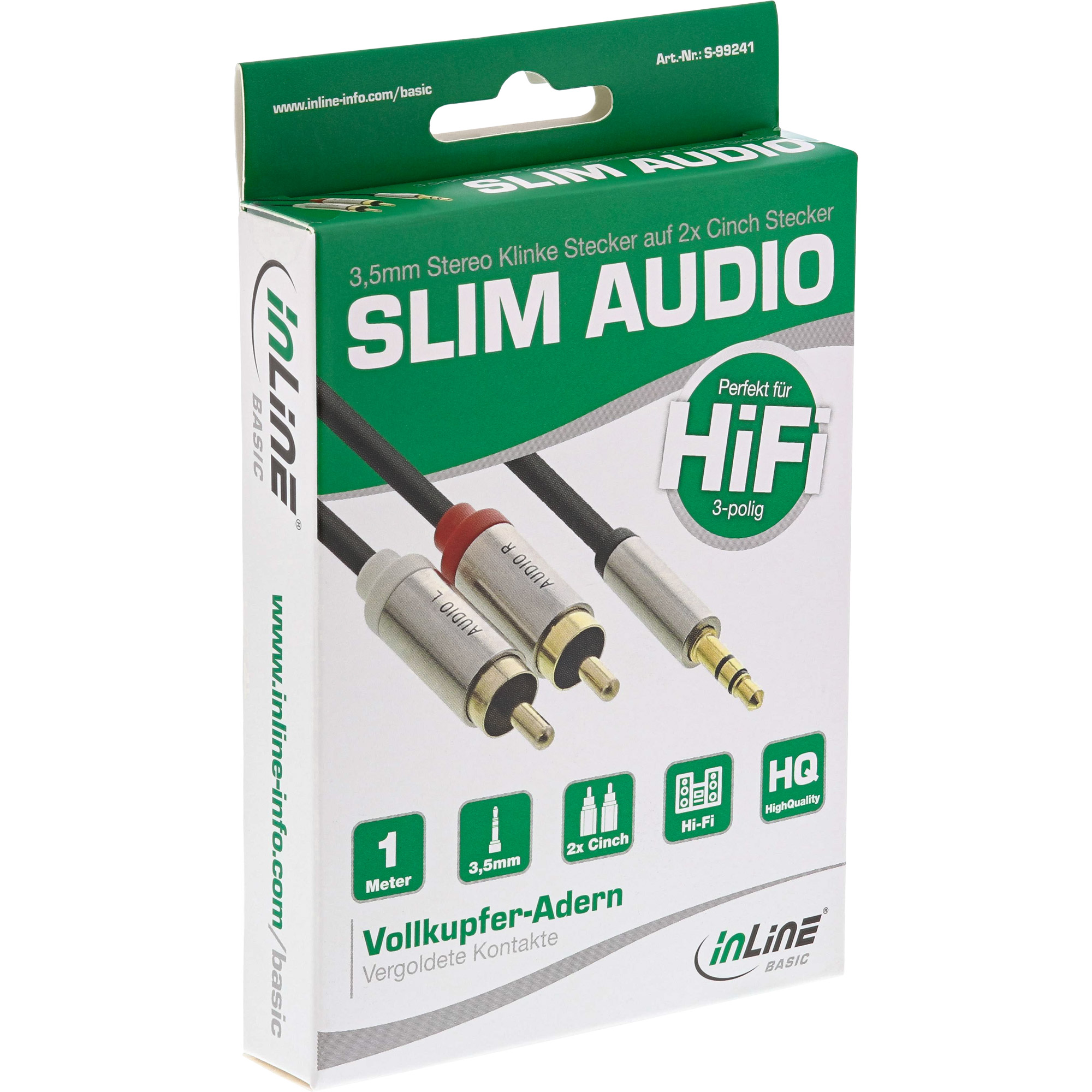 1m - Inline® Basic Slim Audio Kabel Klinke 3,5mm ST an 2x Cinch ST
