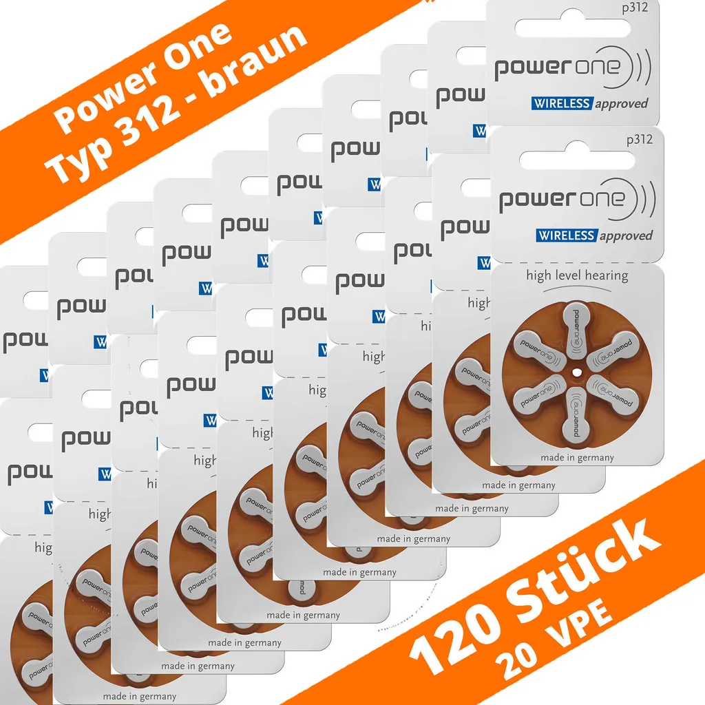 120x Typ 312 PR41 Power One Hörgerätebatterien 1,45 V - Braun 