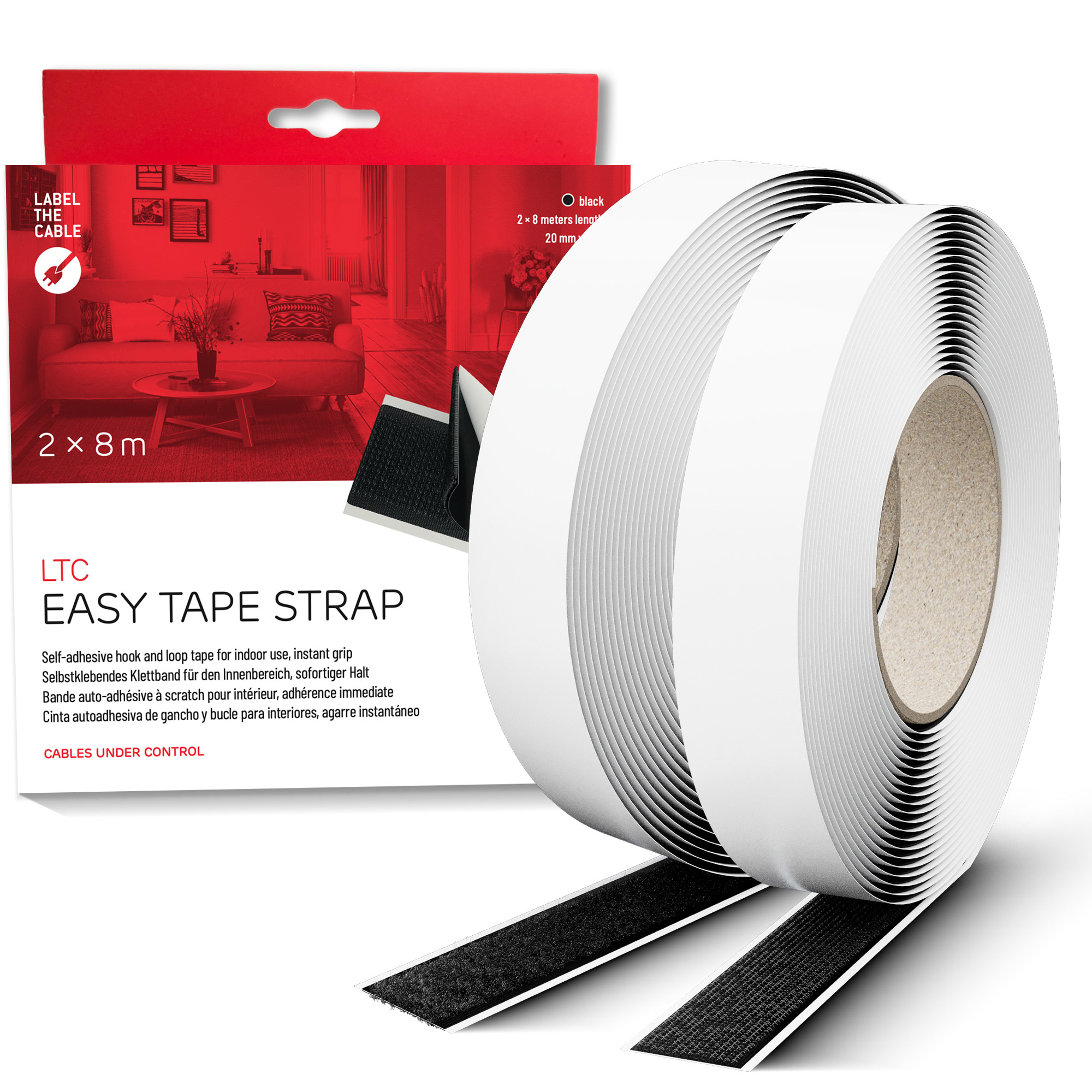 Label-The-Cable LTC Easy Tape Strap, Klettbandrolle selbstklebend 20mm, schwarz, 8m