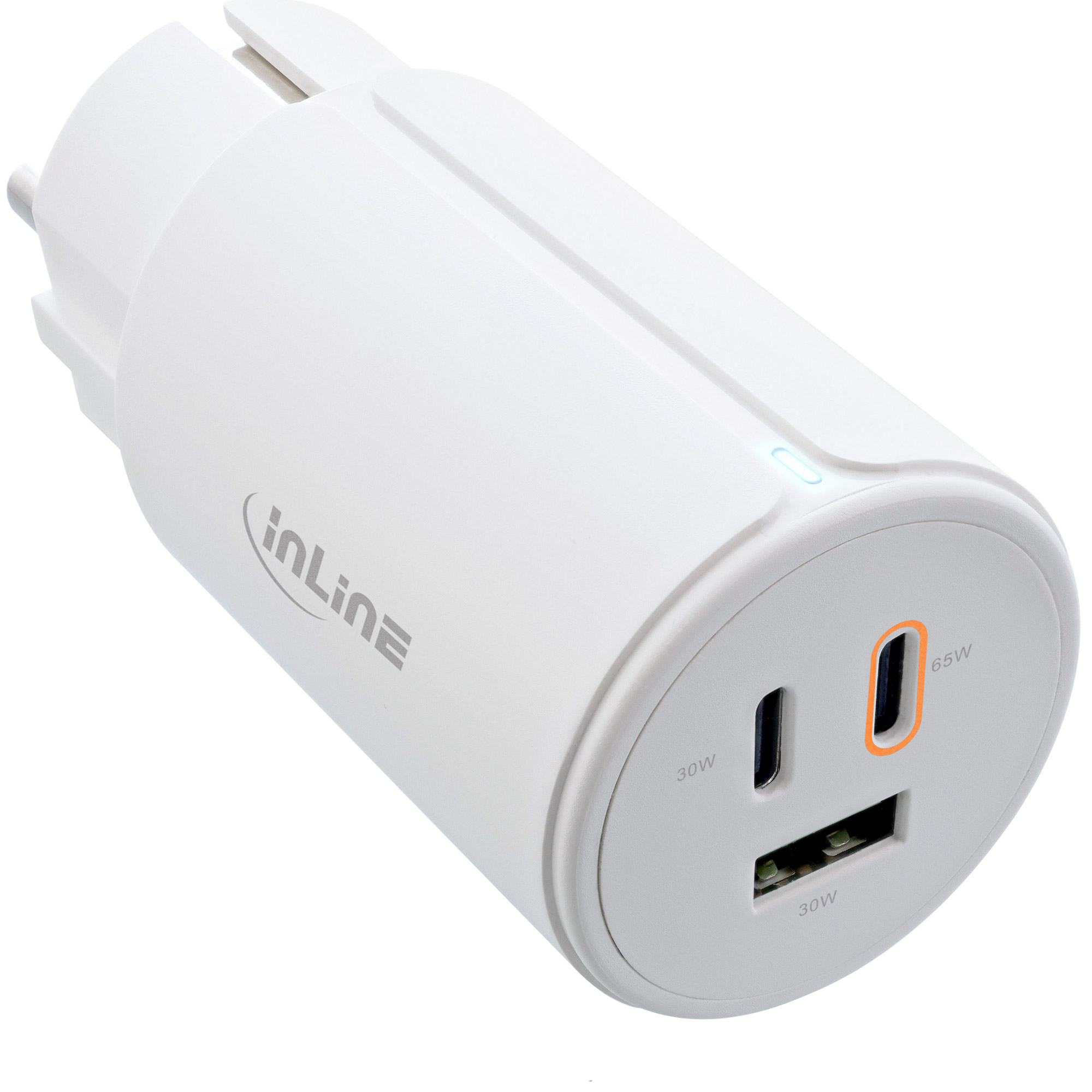 Inline® USB PD Netzteil, GaN Ladegerät, 3-Port, Dual USB-C + USB-A, 65W, weiß