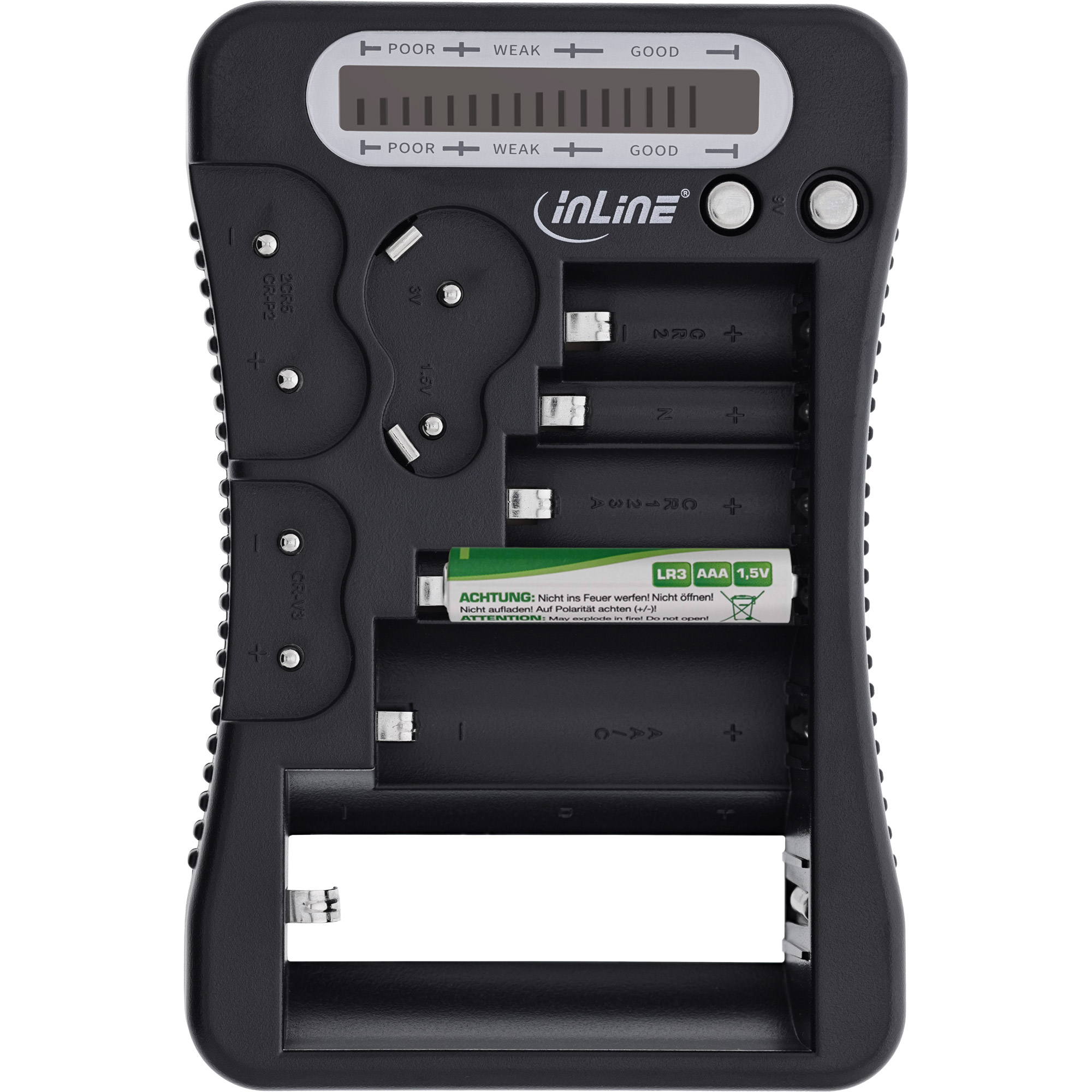 Batterietester mit LCD-Anzeige, für Rund- und Knopfzellen sowie 9V-Block Batterietester mit LCD-Anzeige, für Rund- und Knopfzellen sowie 9V-Block